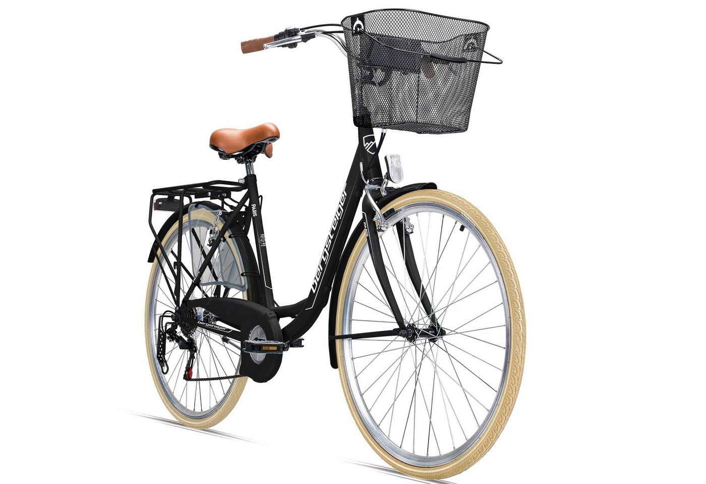 bergsteiger Cityrad Paris 26 Zoll, 28 Zoll Damenfahrrad, ab 140 cm, Korb, Licht, 6 Gang Shimano Tourney RD-TZ50 Schaltwerk, Kettenschaltung, V-Bremsen