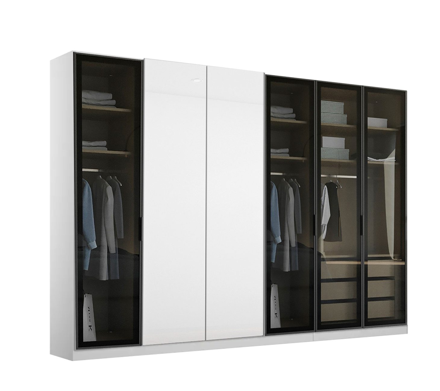 Palms-Store Kleiderschrank Drehtürenschrank Bright 6-Türig mit transparentem Grauglas Maße ca.: B300 x H218 x T62cm