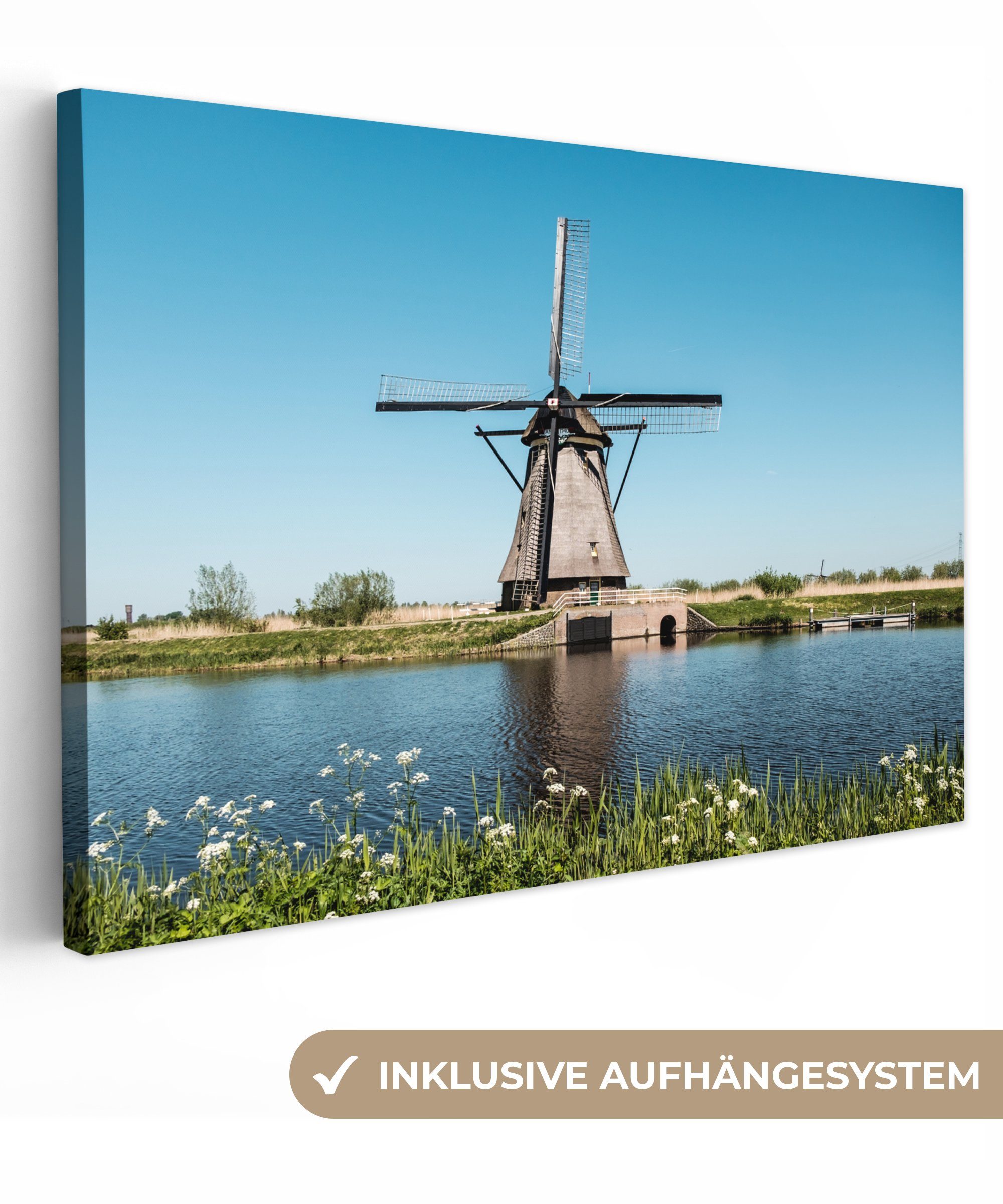 OneMillionCanvasses® Leinwandbild Mühle - Blumen - Wasser - Niederlande, (1 St), Wandbild Leinwandbilder, Aufhängefertig, Wanddeko, 30x20 cm