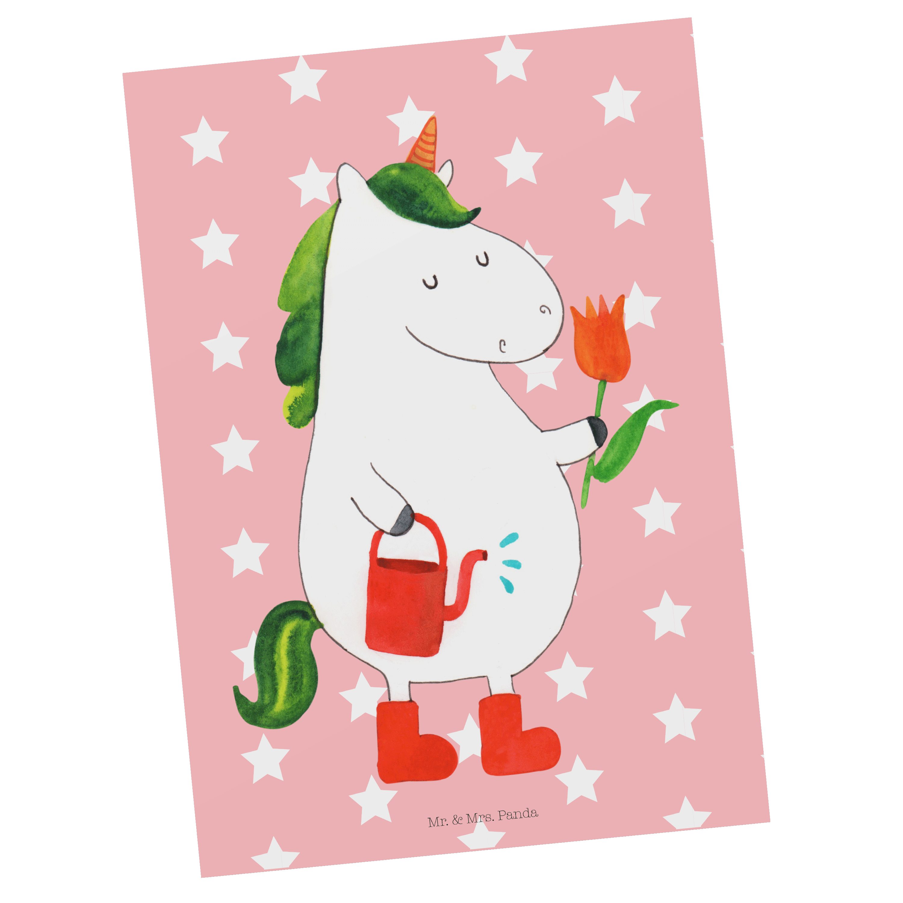 Mr. & Mrs. Panda Postkarte Einhorn Gärtner - Rot Pastell - Geschenk, Einhorn Deko, Unicorn, Dank