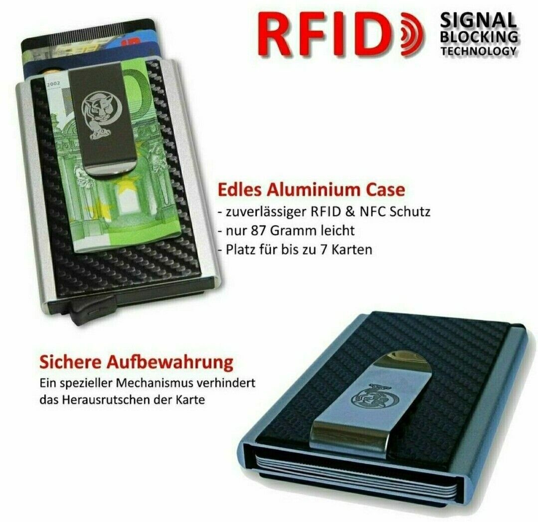 Vurago Mini Geldbörse CarbonCraft SecureSlim RFID Shield Kreditkartenetui mit Geldklammer (Kreditkartenetui in edler Geschenkbox, 1x Kreditkartenetui, 1x Geschenkbox), Verchromte und gravierte Geldspange mit Carbon Design