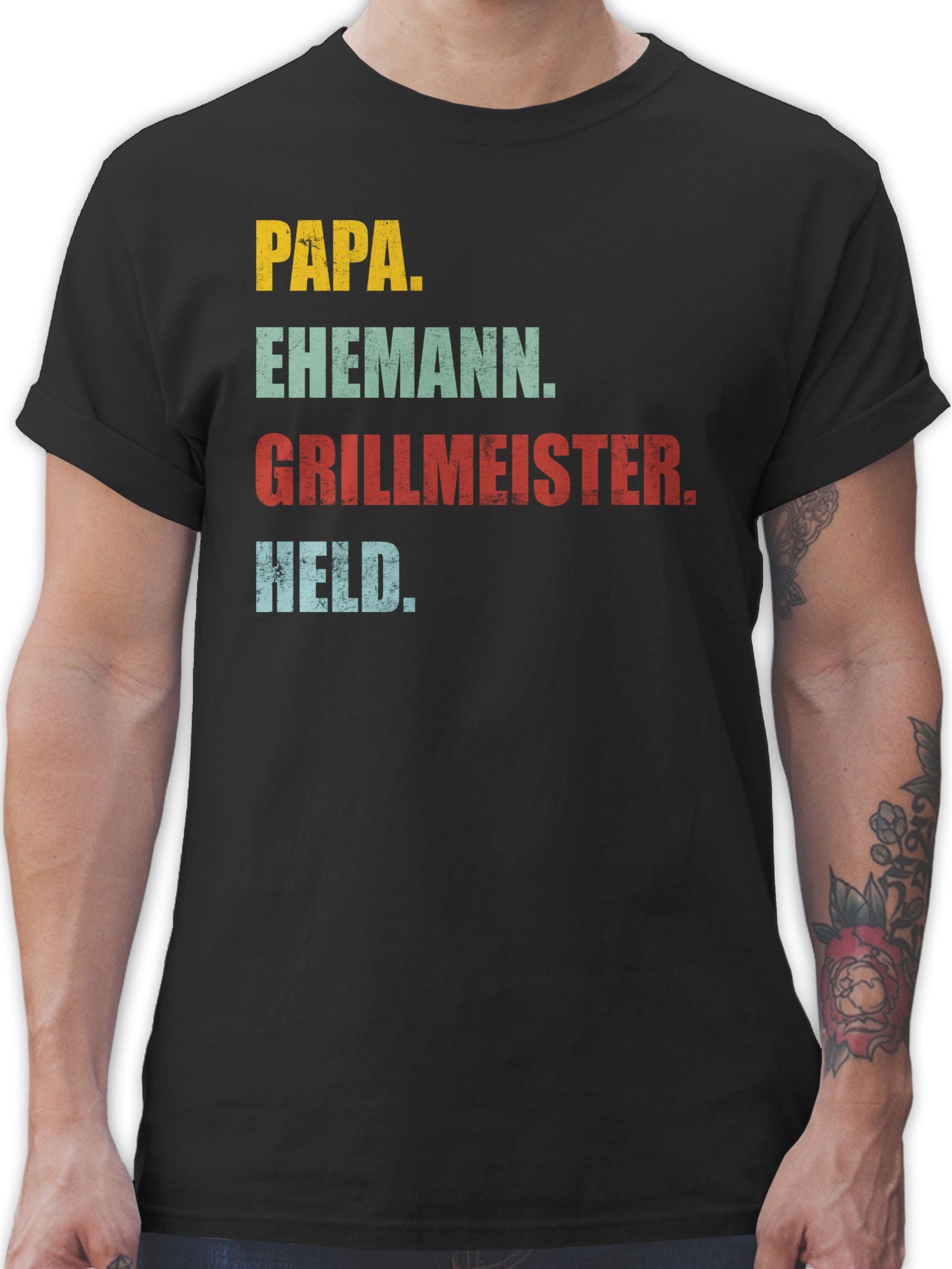 Held für Papa Geschenk Shirtracer Schwarz Effekt 2 Vatertag T-Shirt Grillmeister Papa Vintage Retro Ehemann