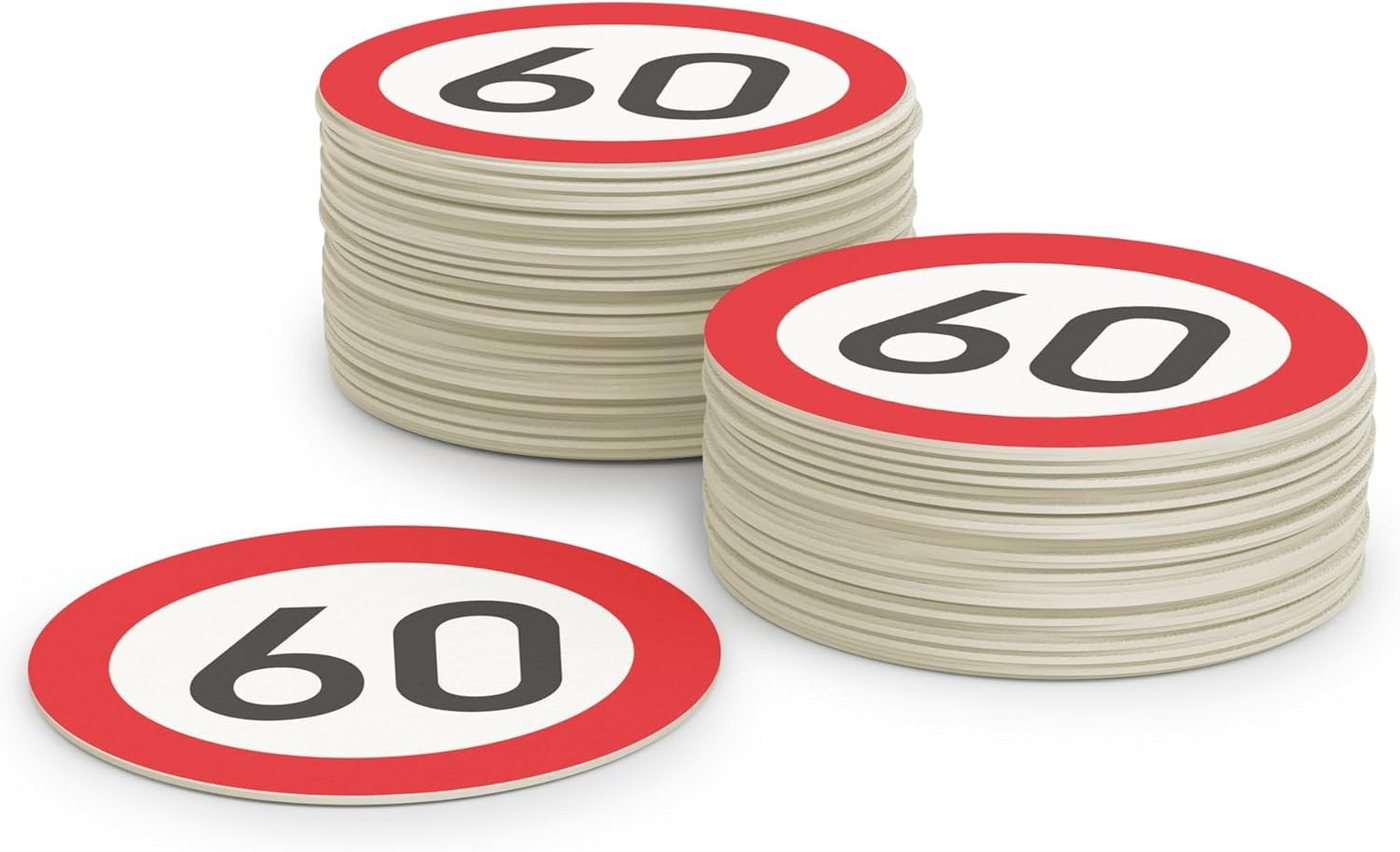 FLYERALARM Bierdeckel Verkehrsschild Design 60 I 50 Stück I Geburtstag Tischdeko, Deko Garten Runder Geburststag Minimalistisch Jubiläum Feier