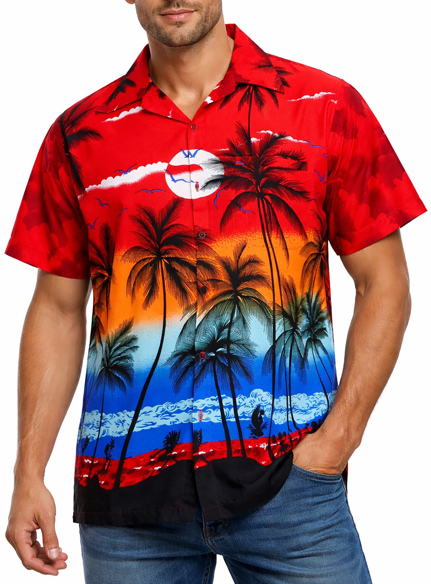 King Kameha Hawaiihemd "Beach" Funky Hawaii-Hemd Herren Kurzarm Front-Tasche Stylish