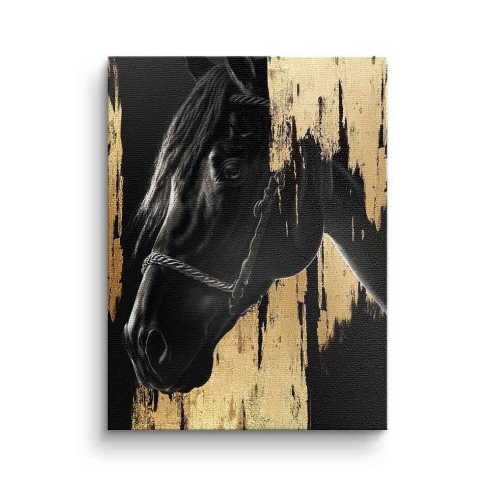 Ra Rahmen mit Pferd Tier goldener Leinwandbild gold luxus Luxury premium Horse schwarz DOTCOMCANVAS® Leinwandbild,