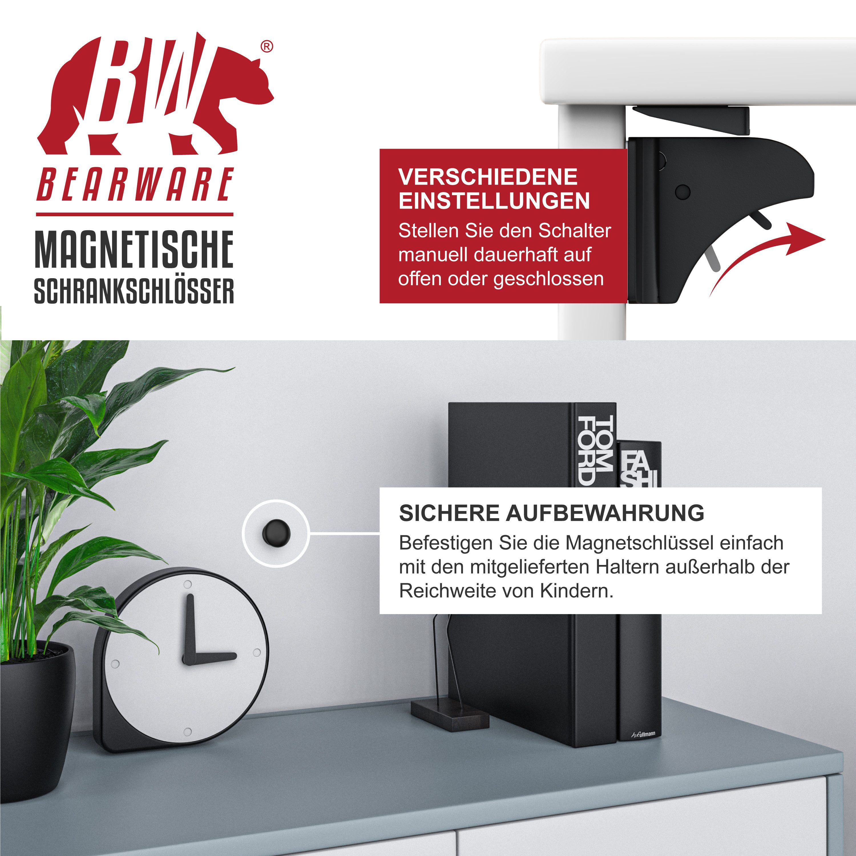 BEARWARE Child Safety Magnetic Cabinet Locks, 10 Pack, 2 Keys, Childproof, Self-Adhesive, Drill-Free, Invisible, for Cabinets & Drawers