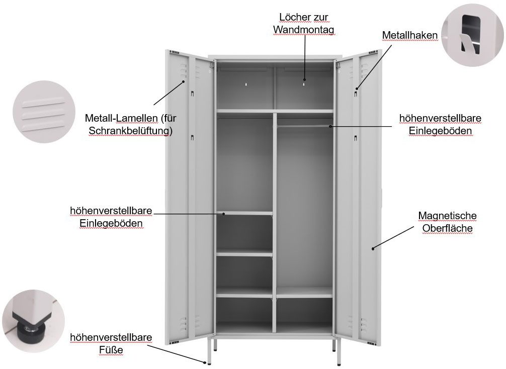 OTTO home Drehtürenschrank Kleiderschrank Schrank Metallschrank Mehrzweckschrank Siena Spind (in 4 Farben aus Metall) in der Höhe verstellbar, abschließbar