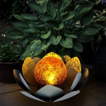 etc-shop Gartenleuchte, LED-Leuchtmittel fest verbaut, Warmweiß, 3er Set Dekoration 2x LED Solar Lampe Lotos Blume Crackle Glas Garten