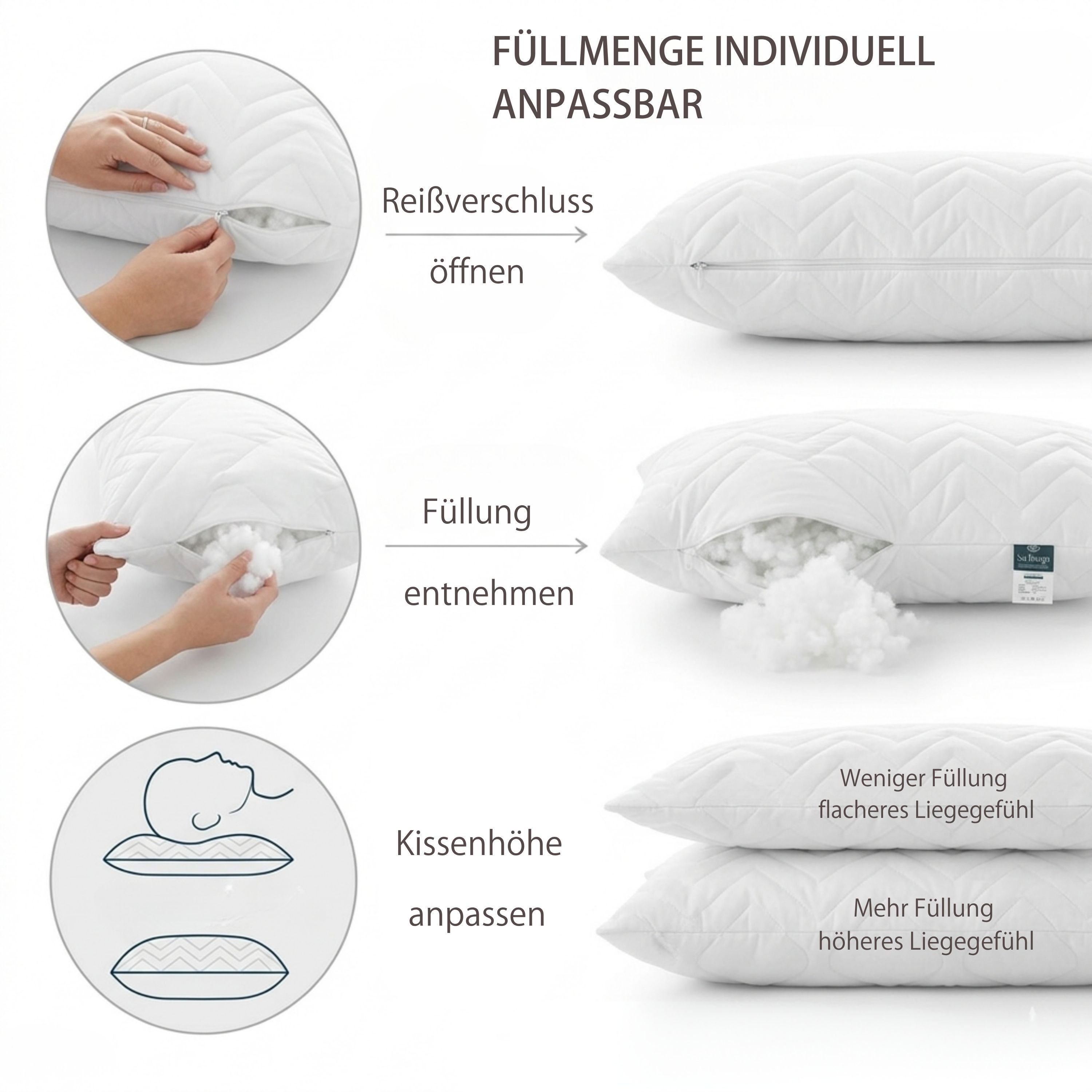 SEI Design Kopfkissen Schlafkissen gesteppt mit Reißverschluss Nackenkissen waschbar 95°, Füllung: Faserbällchen, Bezug: Mikrofaser gesteppt, Seitenschläfer, Rü – Bild 5 von 5