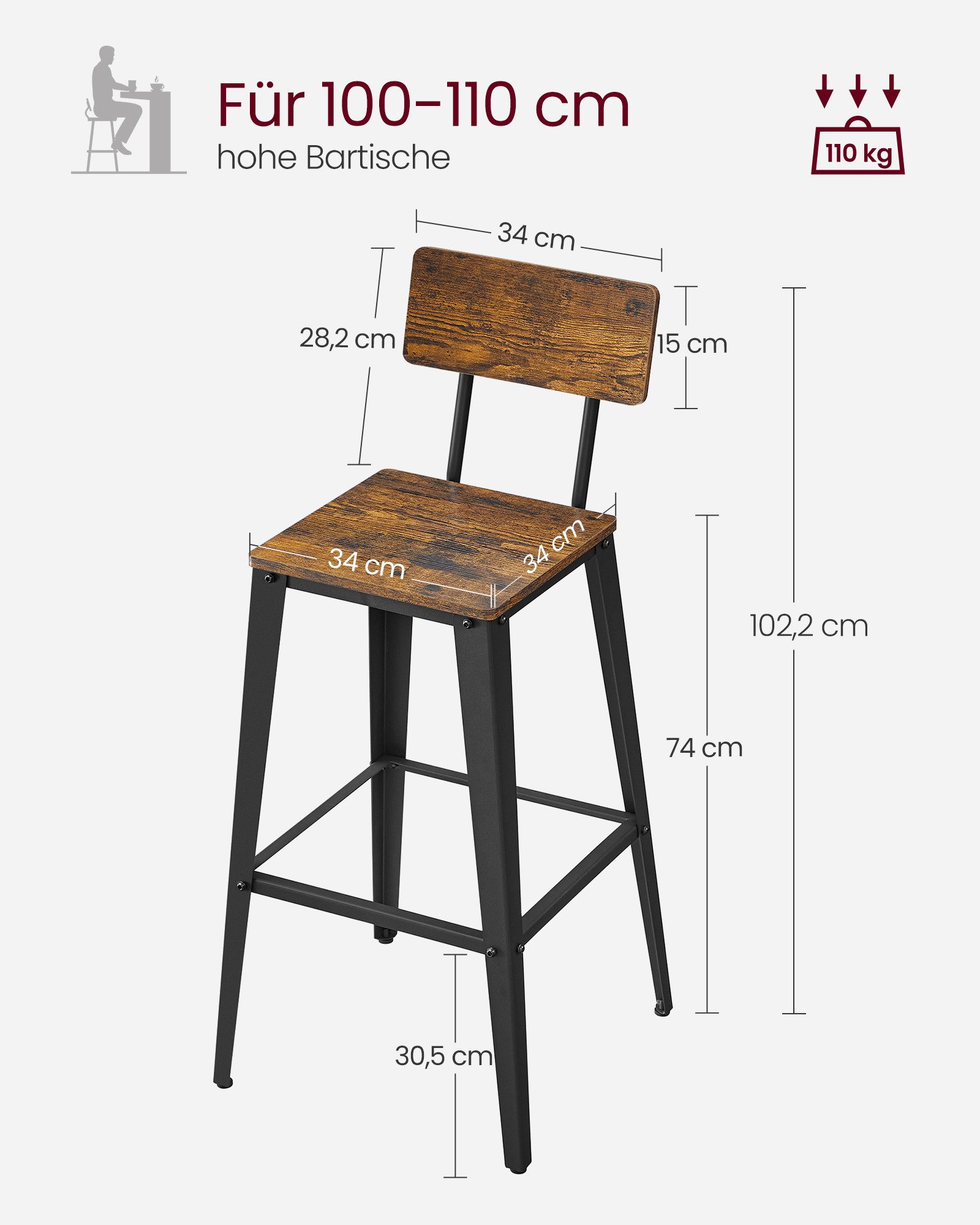 VASAGLE Barhocker 2er Set, Küchenstühle, mit Rückenlehne, 45,4 x 45,4 x 102,2 cm (2 St), Barstühle, Stahlgestell, Industrie-Design, vintagebraun-tintenschwarz