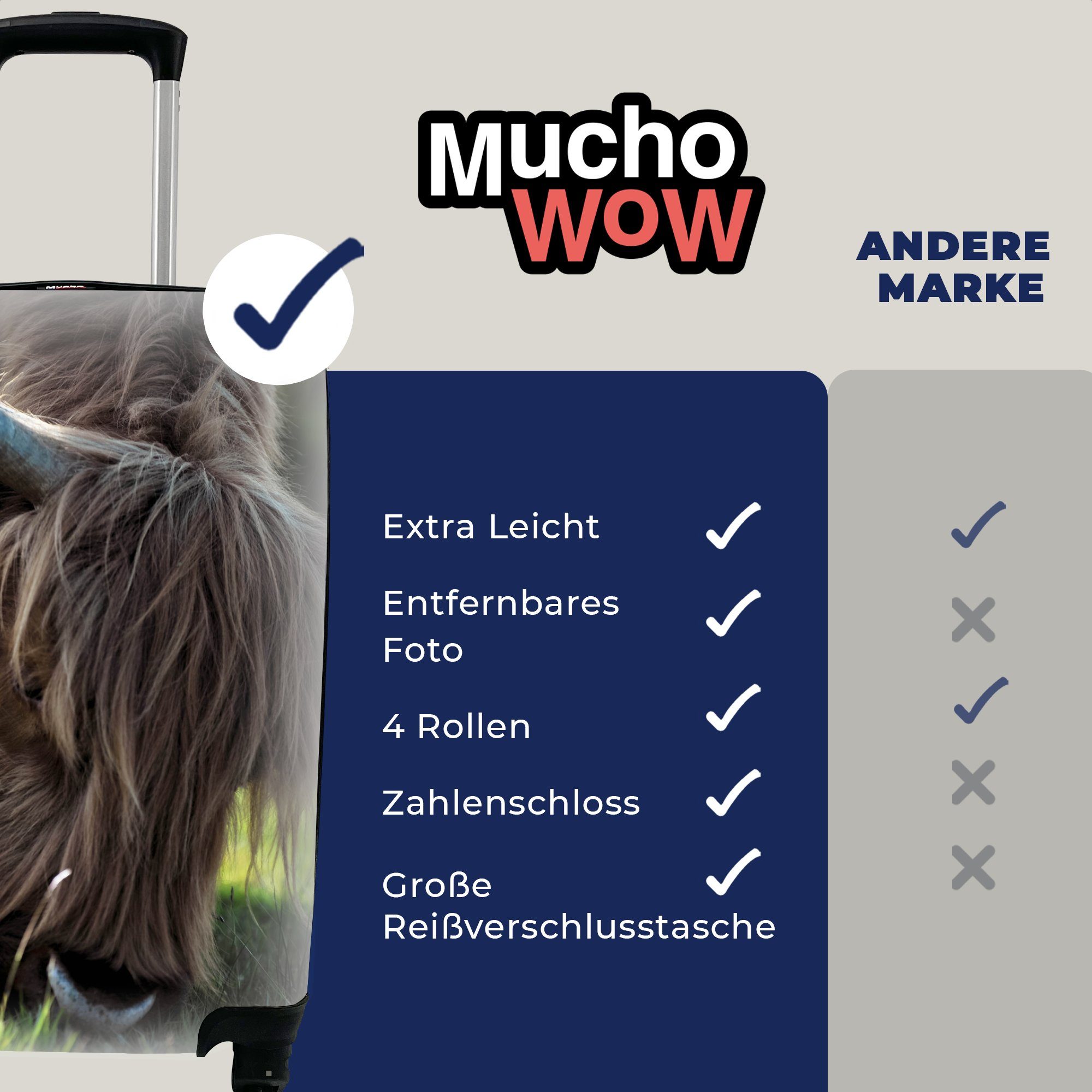 MuchoWow Handgepäckkoffer Reisetasche Hörner Trolley, Highlander rollen, mit - - Reisekoffer Schottischer Sonne, Rollen, Ferien, Handgepäck für 4