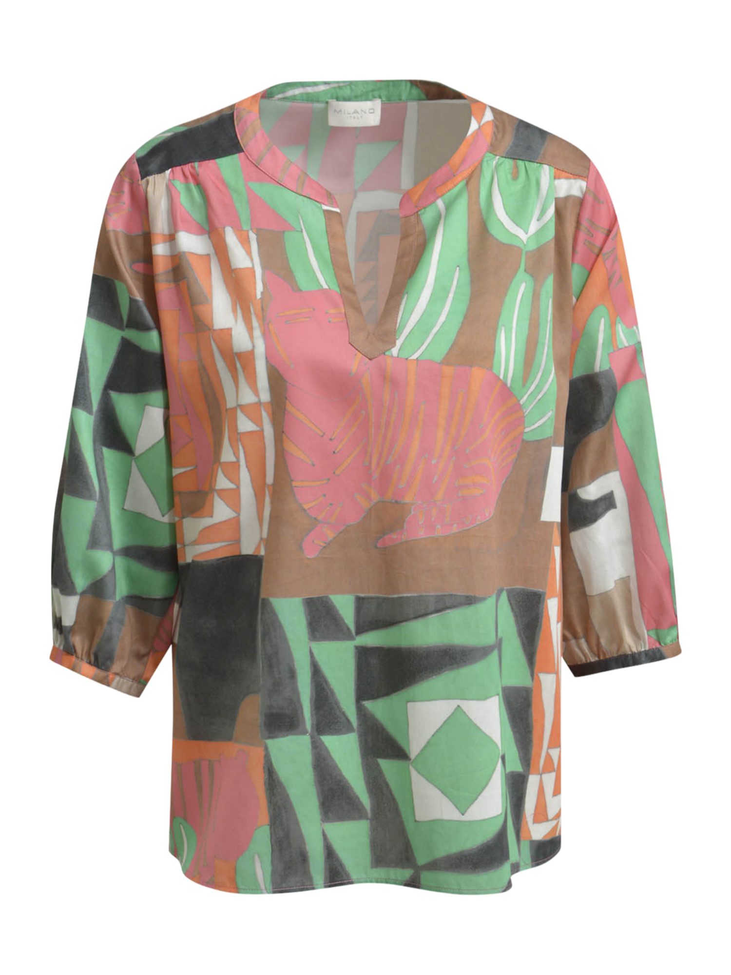 Milano Italy Blusenshirt bunt,Casual,Baumwolle,Allover-Print,V-Ausschnitt,Kurz,Regular Fit