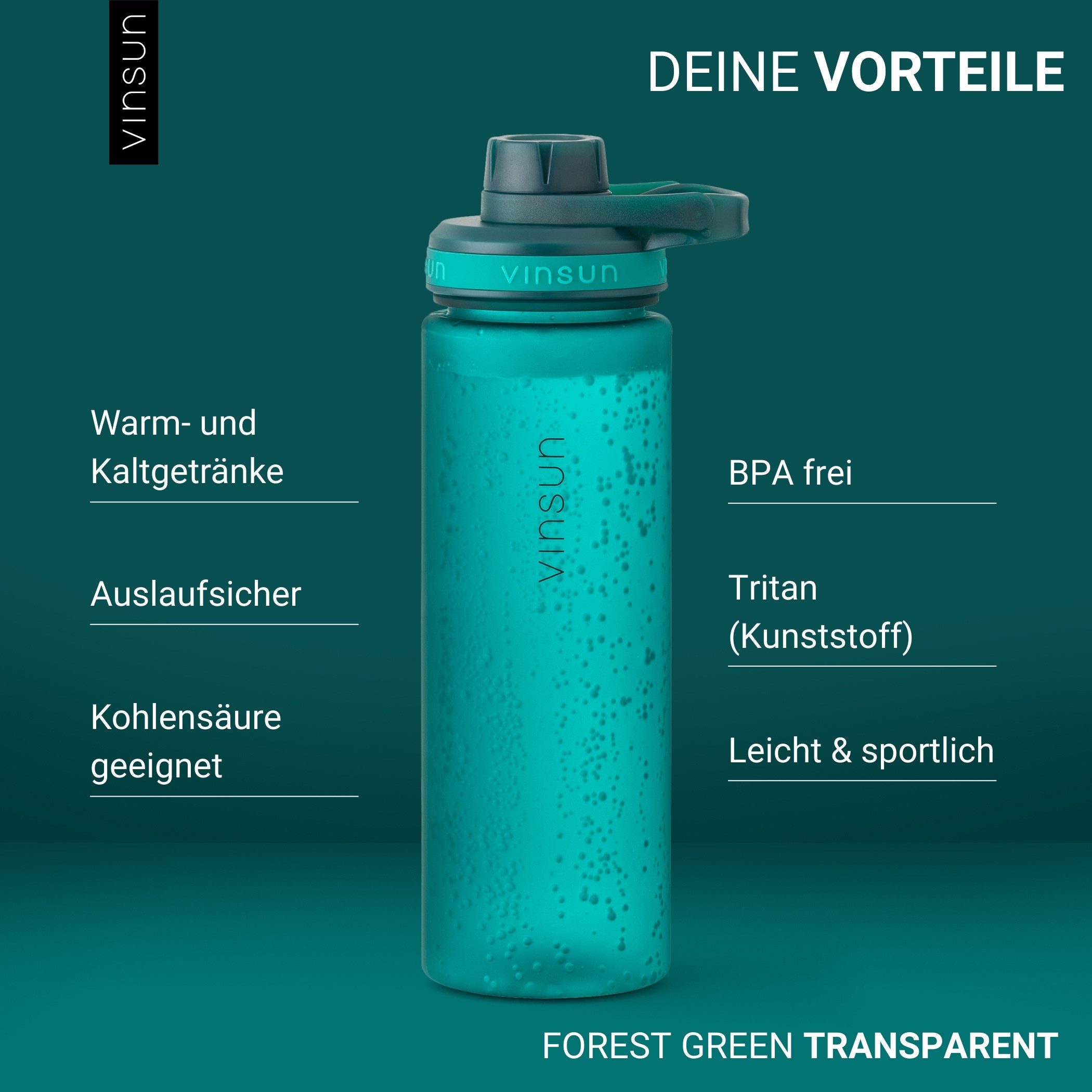 Vinsun Trinkflasche Sportflasche 750ml - Wasserflasche BPA frei & Kohlensäure geeignet, Auslaufsicher, bruchsicher, wiederverwendbar, leicht, Tritan Flasche
