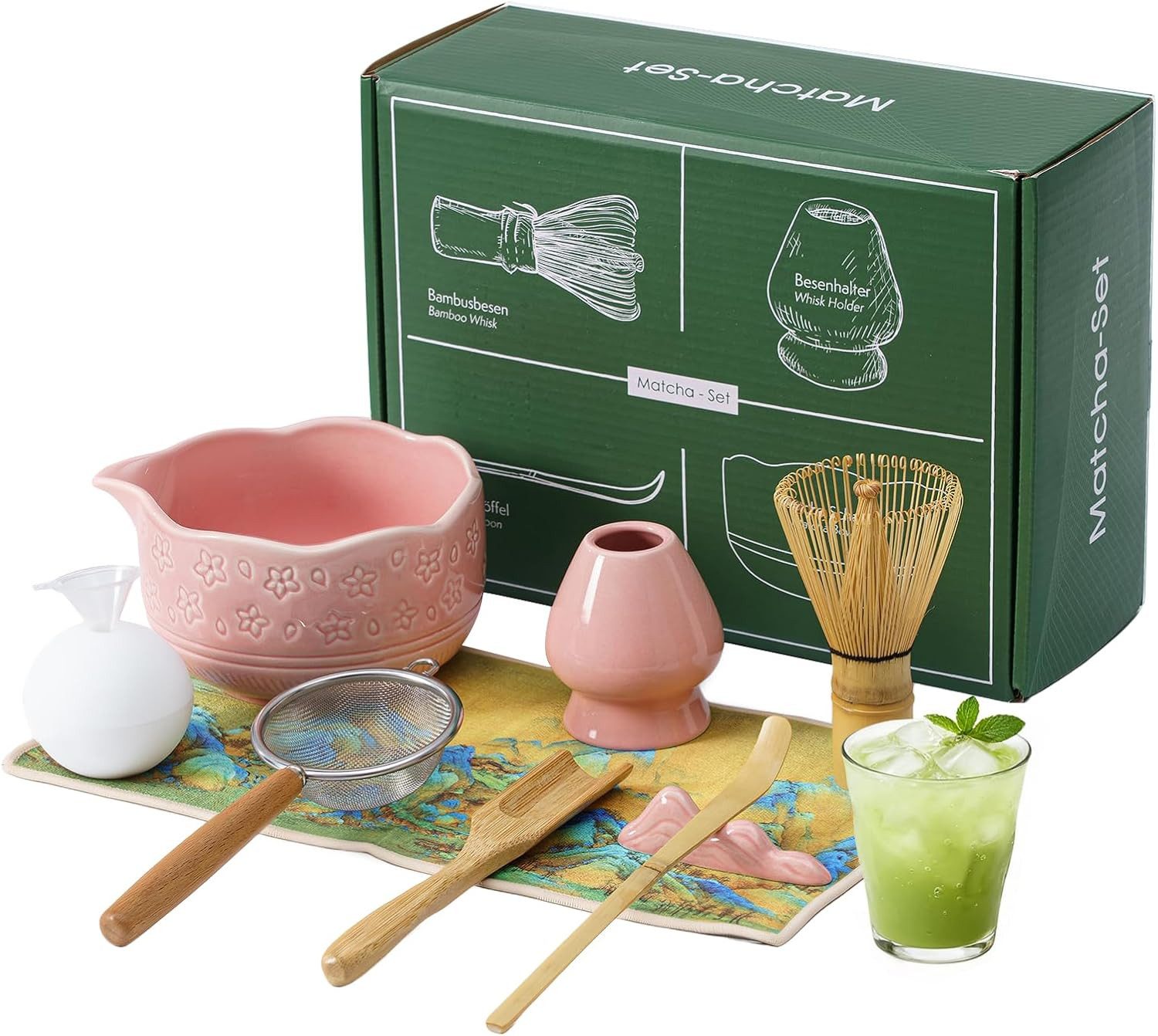 VONATES Teeservice 9tlg. Matcha Set mit Matcha-Schale, Bambus-Besener & Halter, Sieb, Löffel, Tuch, Eisform, aus Bambus und Keramik für Teezeremonie