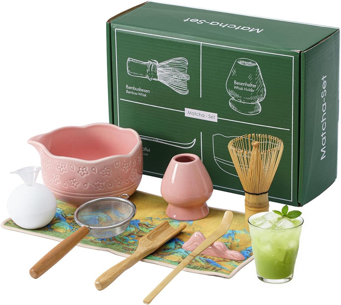 VONATES Teeservice 9tlg. Matcha Set mit Matcha-Schale, Bambus-Besener & Halter, Sieb, Löffel, Tuch, Eisform, aus Bambus und Keramik für Teezeremonie
