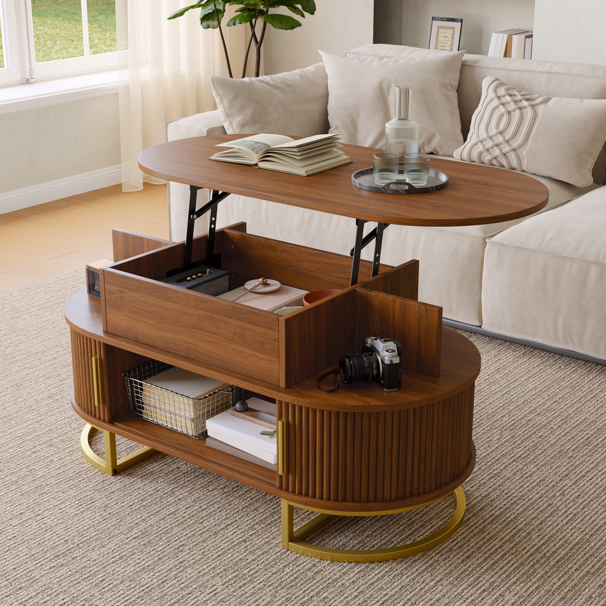 Merax Couchtisch oval Sofatisch anhebbarer Beistelltisch mit Liftfunktion im Holzoptik (100 L x 50 B x 64 H cm, 1-St), Wohnzimmertisch mit verstecktem Stauraum, offenen Ablagen,Schiebetüren