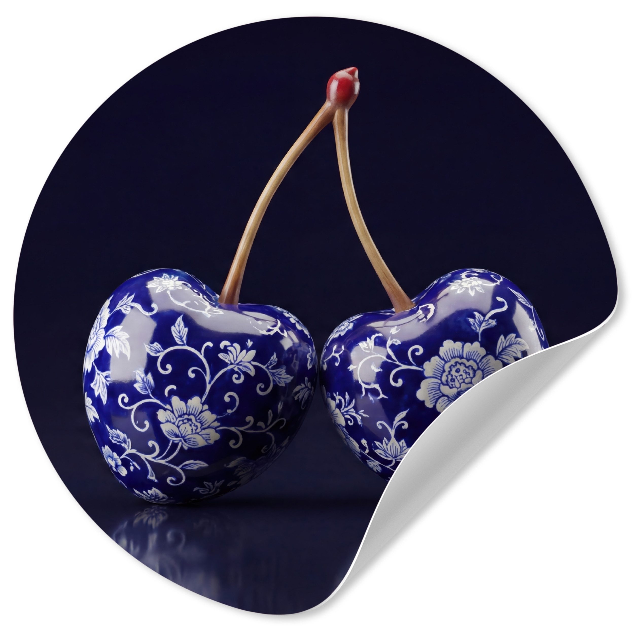MuchoWow Wandsticker Porzellan - Kirsche - Delft - Blau (1 St), Wandtattoo Selbstklebend, Wohnzimmer Deko Aufkleber, 30x30 cm