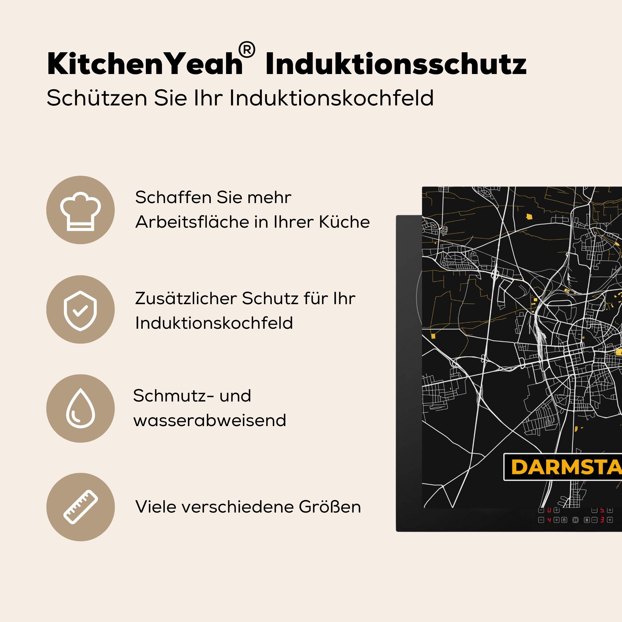 78x78 - - Darmstadt MuchoWow Stadtplan - für Vinyl, Deutschland Gold - Schwarz und cm, tlg), küche Ceranfeldabdeckung, (1 Karte, Arbeitsplatte Herdblende-/Abdeckplatte