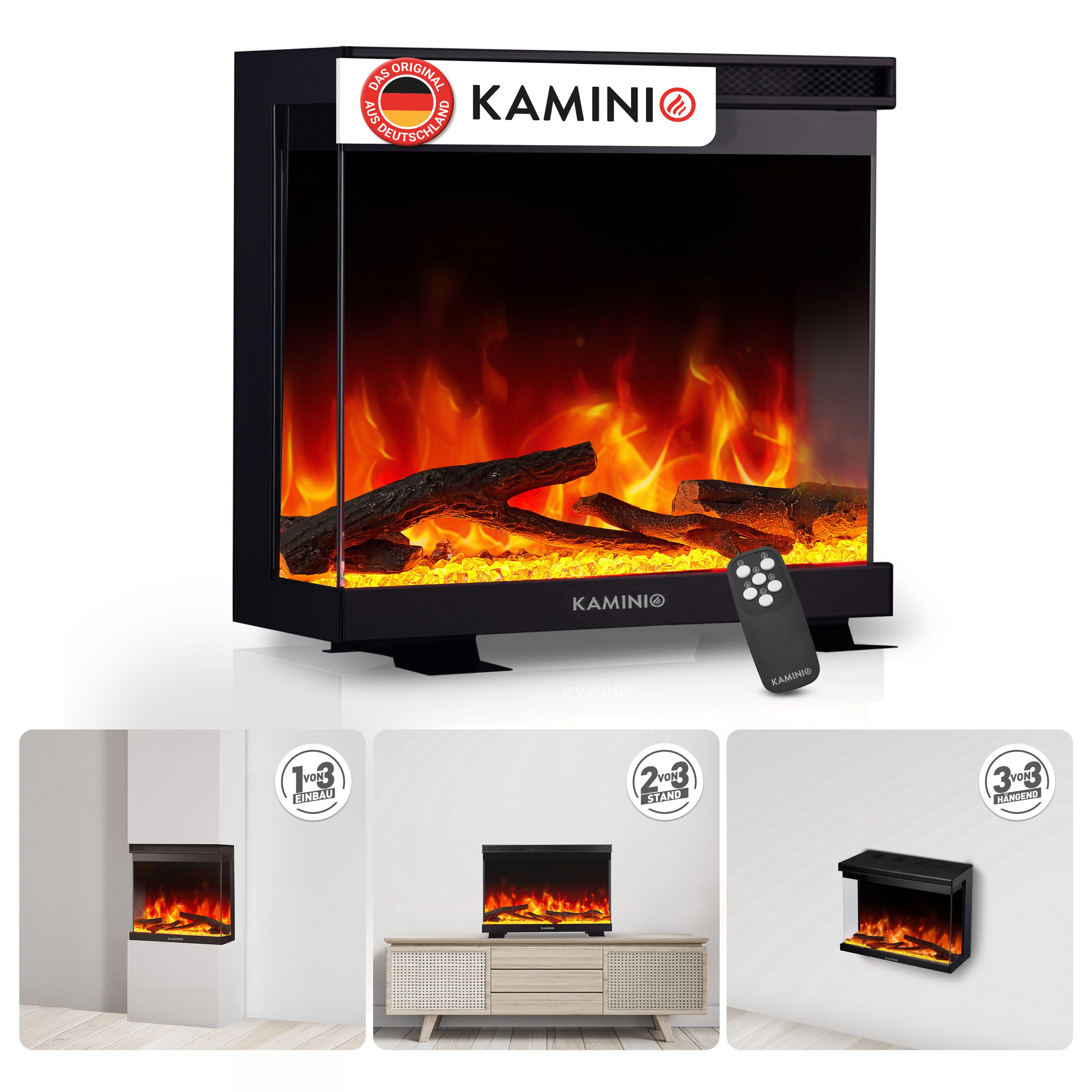 KAMINIO Elektrokamin LEA, 3in1 Kamin: Elektrischer Stand-, Wand- und Einbaukamin, Panoramaview