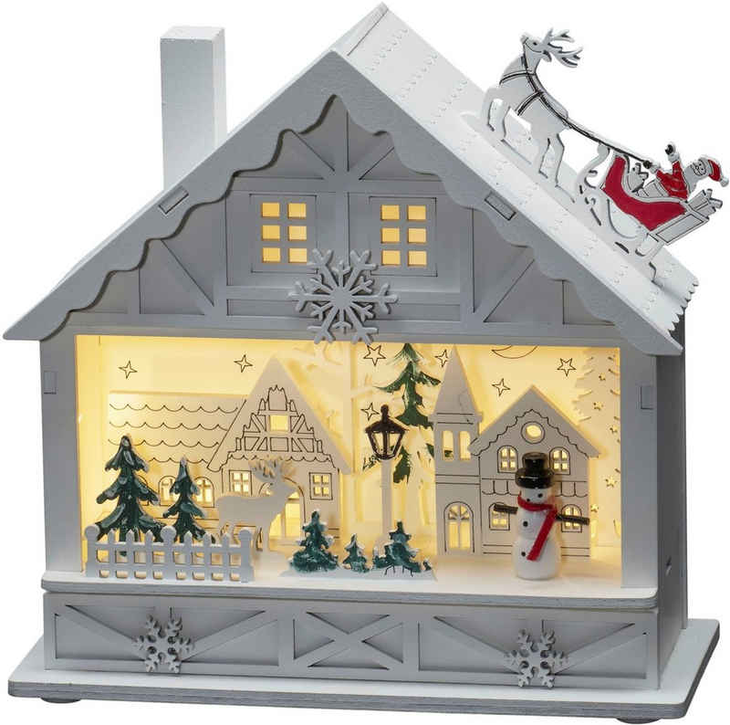 KONSTSMIDE Weihnachtshaus LED Holzsilhouette Haus, weiß, 4 warmweiße Dioden, batteriebetrieben, 6h Timer
