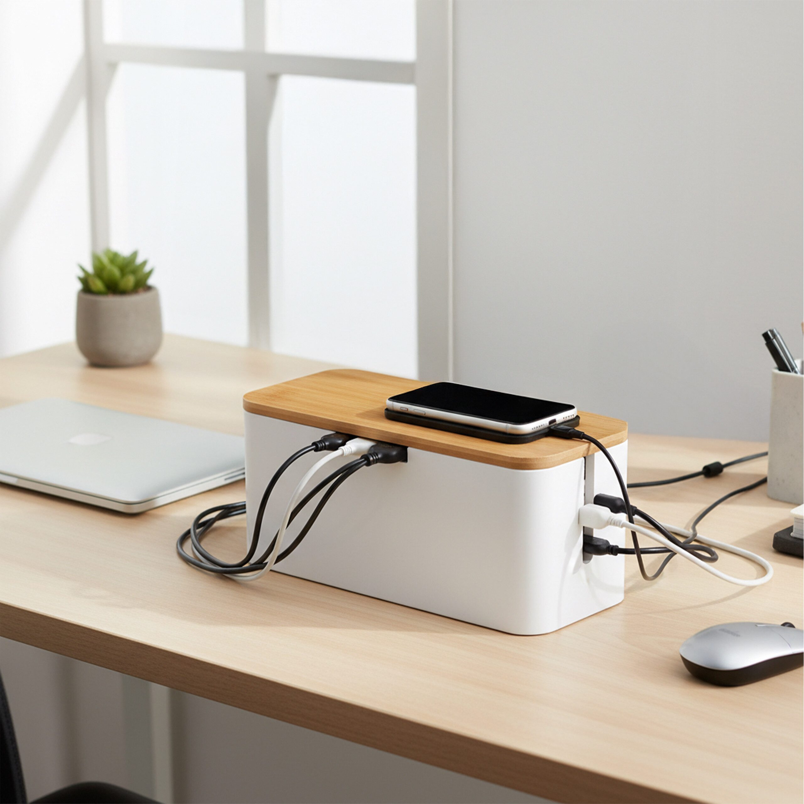 relaxdays Kabelbox aus Bambus, Natur-Weiß