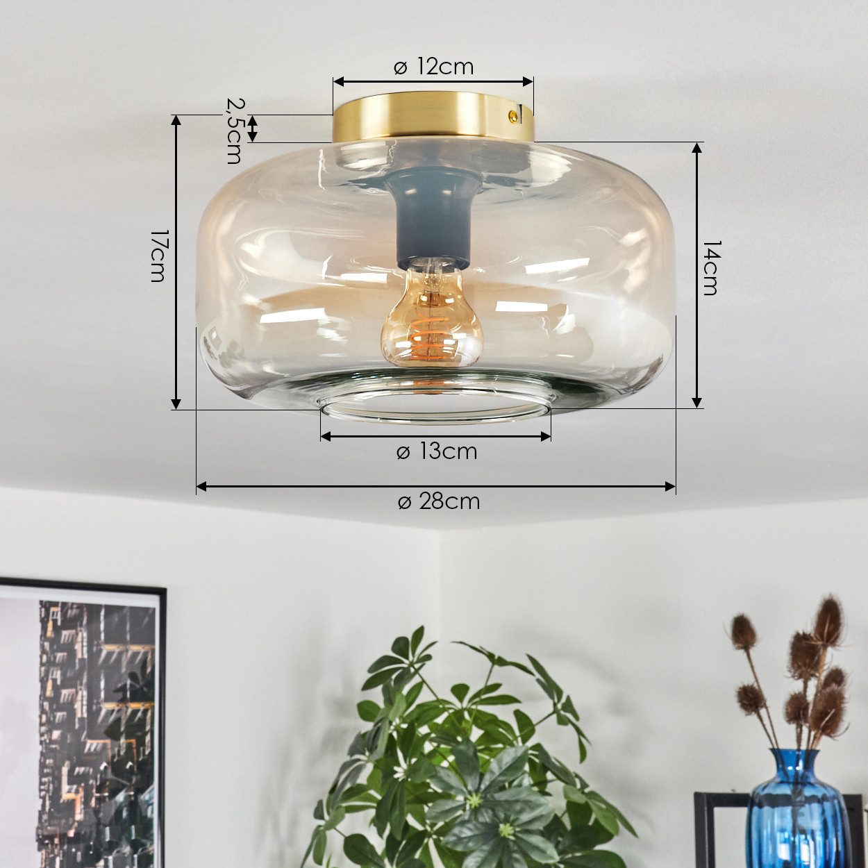 hofstein Deckenleuchte Deckenlampe aus Metall/Glas in Messingfarben/Bernsteinfarben/Klar, ohne Leuchtmittel, Retro-Design, mit Schirm aus Glas (28 cm), 1x E27,  – Bild 4 von 5