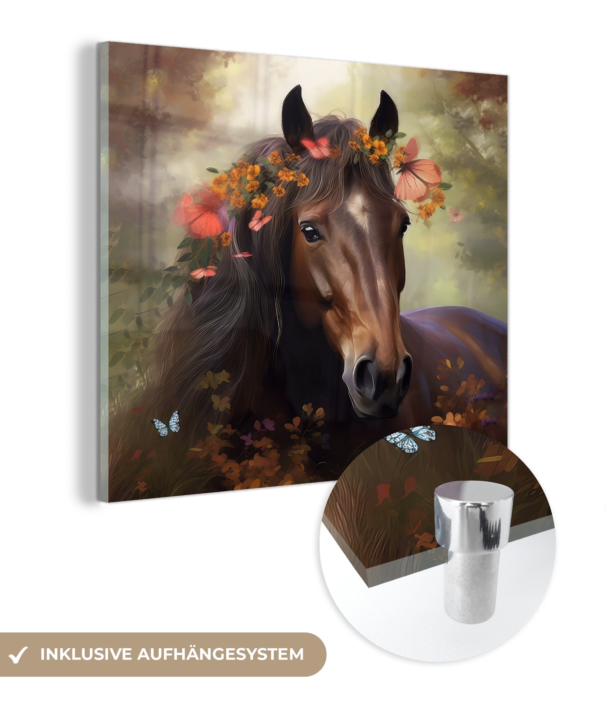MuchoWow Acrylglasbild Pferd - Tiere - Blumen - Wald - Schmetterling, (1 St), Glasbilder - Bilder auf Glas Wandbild - Foto auf Glas - Wanddekoration