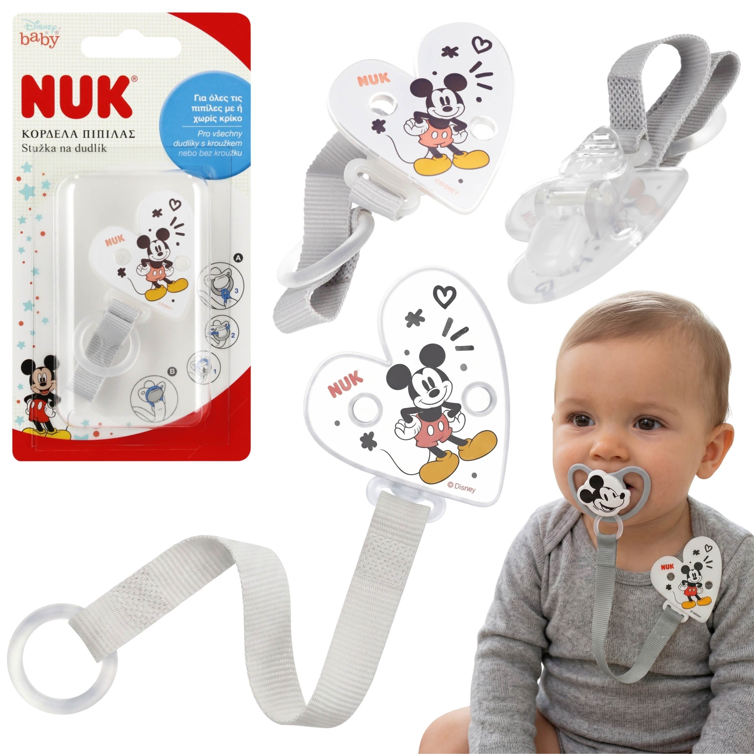 NUK Schnullerbefestigung Mickey Mouse Schnullerband mit Clip, grau, NUK
