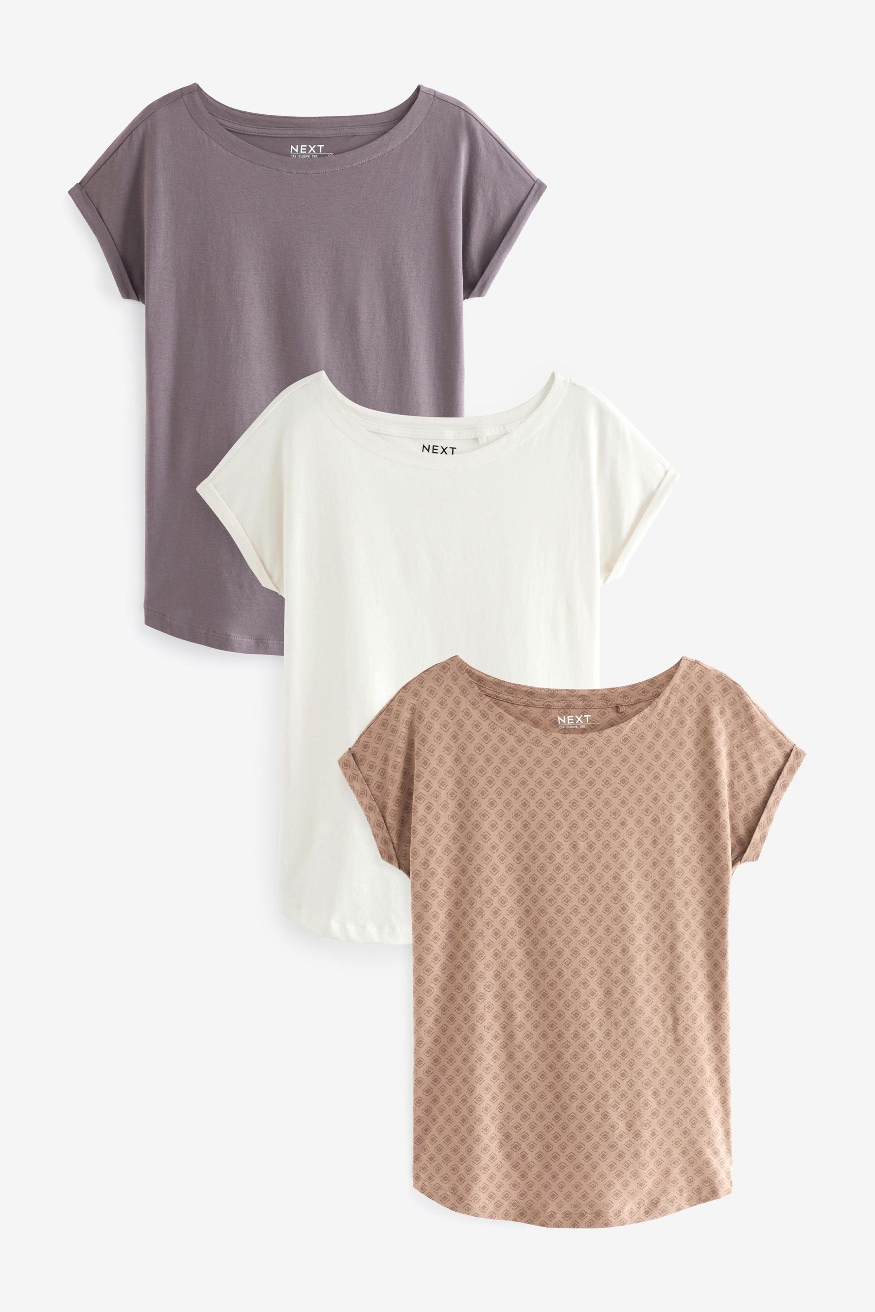White/Grey (3-tlg) Print/Ecru mit 3er-Pack Flügelärmeln, T-Shirt T-Shirts Next