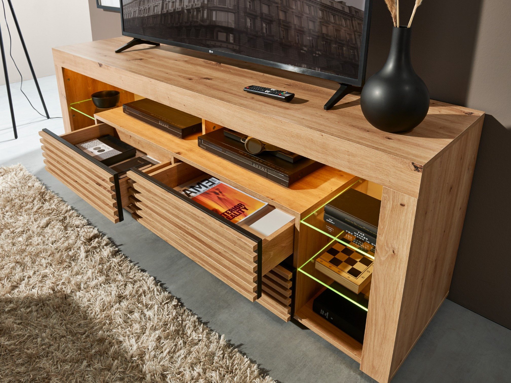 moebel-dich-auf Lowboard Firenze 2 (Wohnzimmer Set 2 tlg., Artisan Eiche Dekor mit aufgesetzten Stäbchen, 1x Couchtisch, 1x Tv-Lowboard)