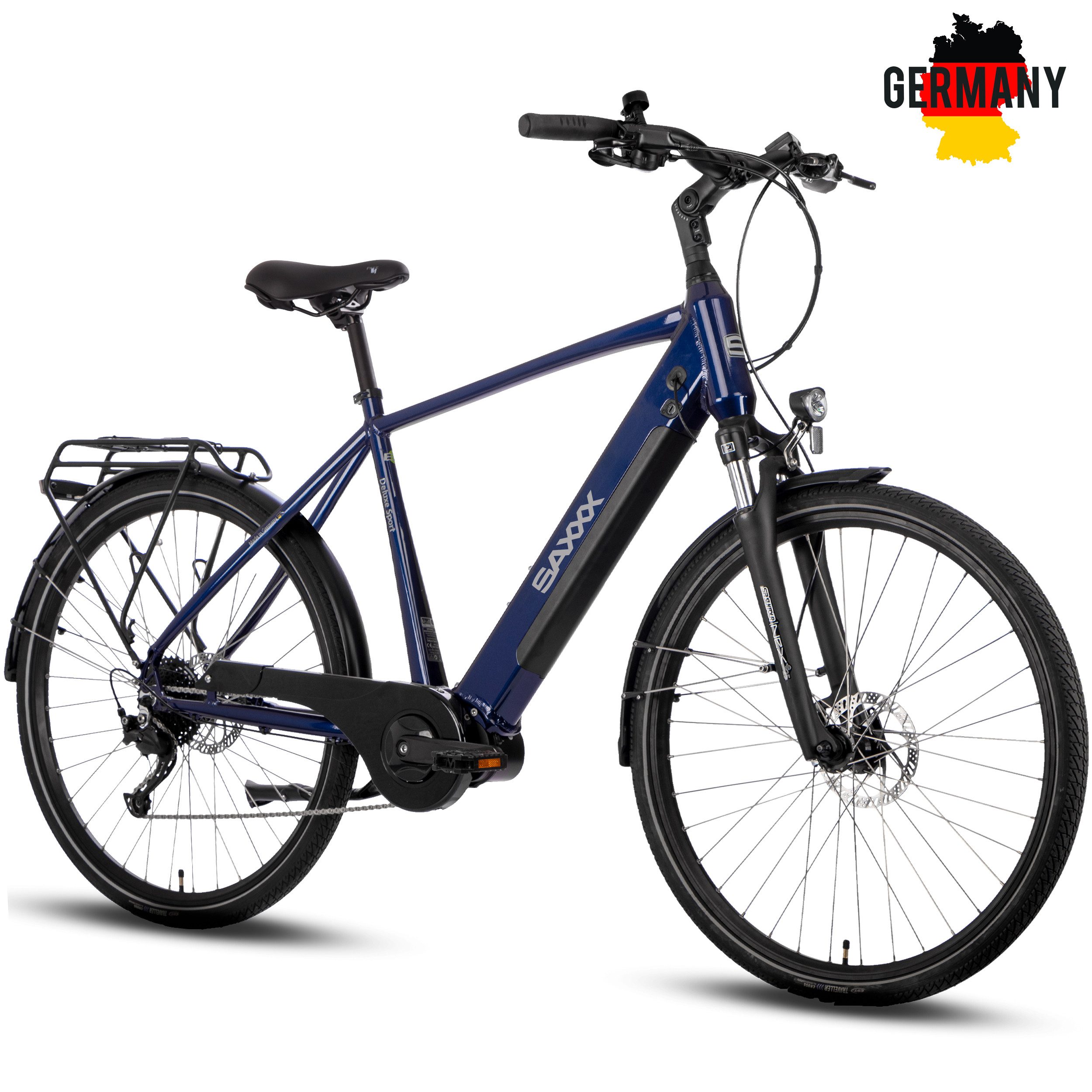 SAXXX E-Bike Cityrad 28 Zoll, 100km, 70Nm Mittelmotor, bis 130kg belastbar, 95% vormontiert, 9 Gang SHIMANO Alivio Schaltwerk, Kettenschaltung, Mittelmotor, 418 Wh, (Aluminium-Diamantrahmen, SR Federgabel, 5 Stufen mit Schiebehilfe), hydr. Bremsen, Pedelec, RH: 45/50 cm, Elektrofahrrad für Damen Herren