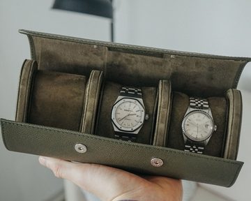 Sprezzi Fashion Uhrenrolle Luxuriöse Uhrenaufbewahrung Uhrenrolle aus Leder Watch Roll, handmade, Echtleder, herausnehmbare Kissen