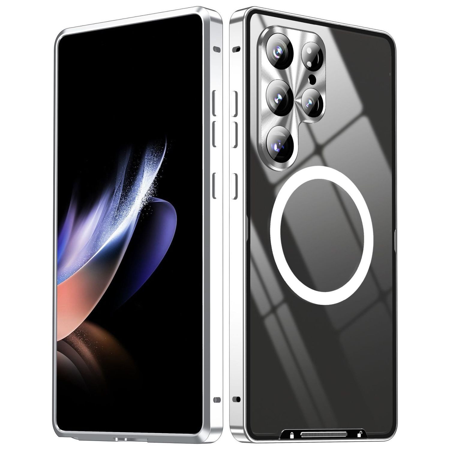 Wigento Handyhülle Magsafe Metall für Samsung Galaxy S25 Ultra Magnetische Silber, MagSafe Metall Handyhülle mit erhöhter Schutzkante