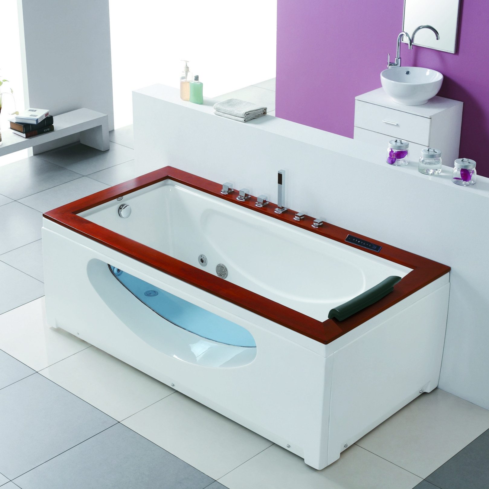 Duwilux Whirlpool-Badewanne Whirlpool 1 Pers 180x89 Texas Badewanne (Bullauge & Echtholzrand), Heizung