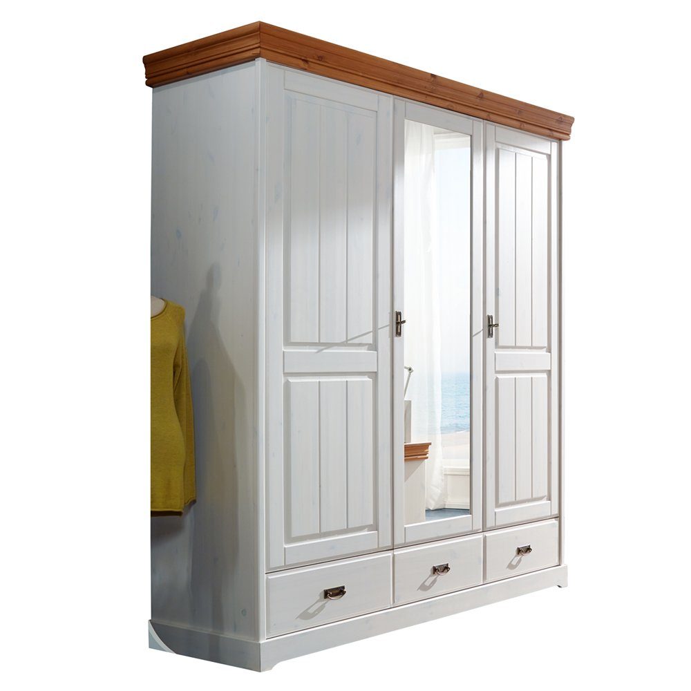 Lomadox Kleiderschrank SAVONA-69 Kiefer massiv weiß gewachst mit honigfarben, 2 Schubkästen, 3 Türen