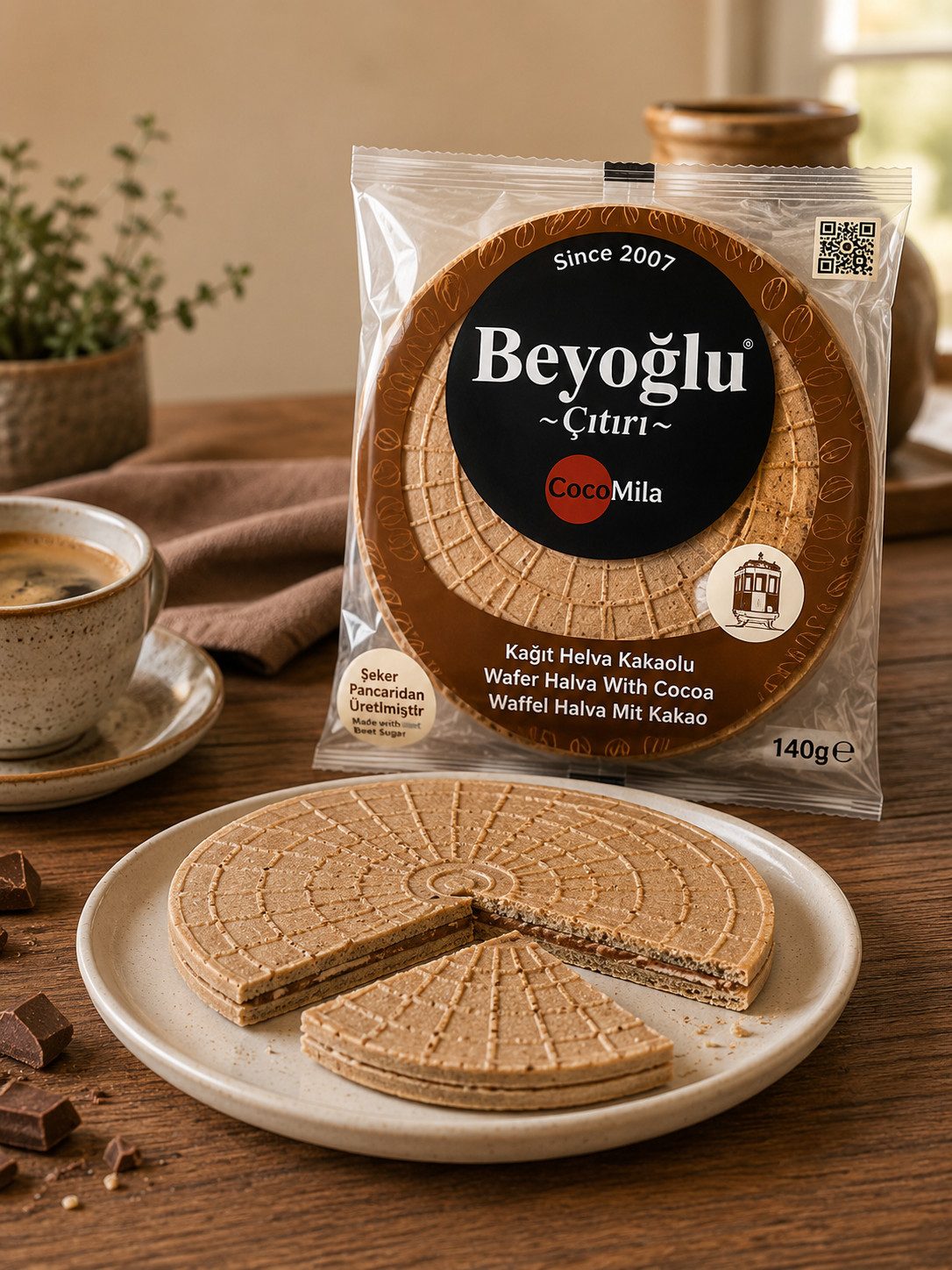 Beyoglucitiri Süßigkeit Kakao Waffel Halva 40 g – Knusprige türkische Süßigkeit mit Kakaocreme, 1 x 40 g, 1 St., Knusprige Waffelspezialität, Mit Kakao, Einzeln verpackt