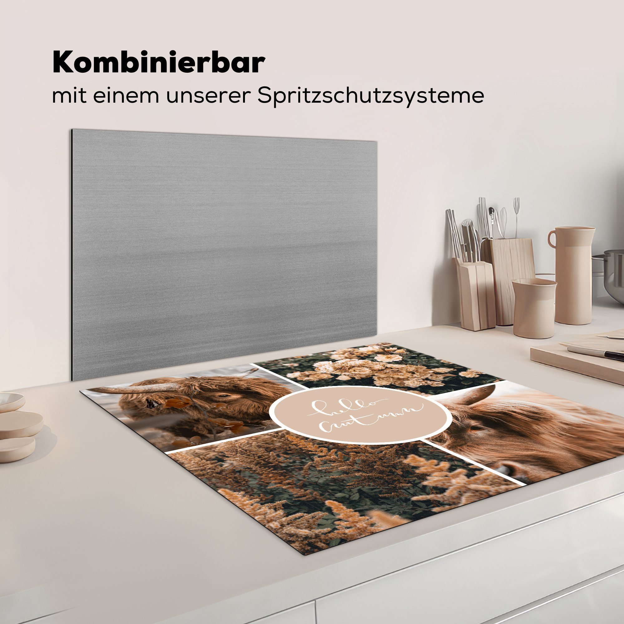 für - küche Schottischer Arbeitsplatte Vinyl, Ceranfeldabdeckung, Herbst Herdblende-/Abdeckplatte (1 Collage, MuchoWow - tlg), Highlander 78x78 cm,