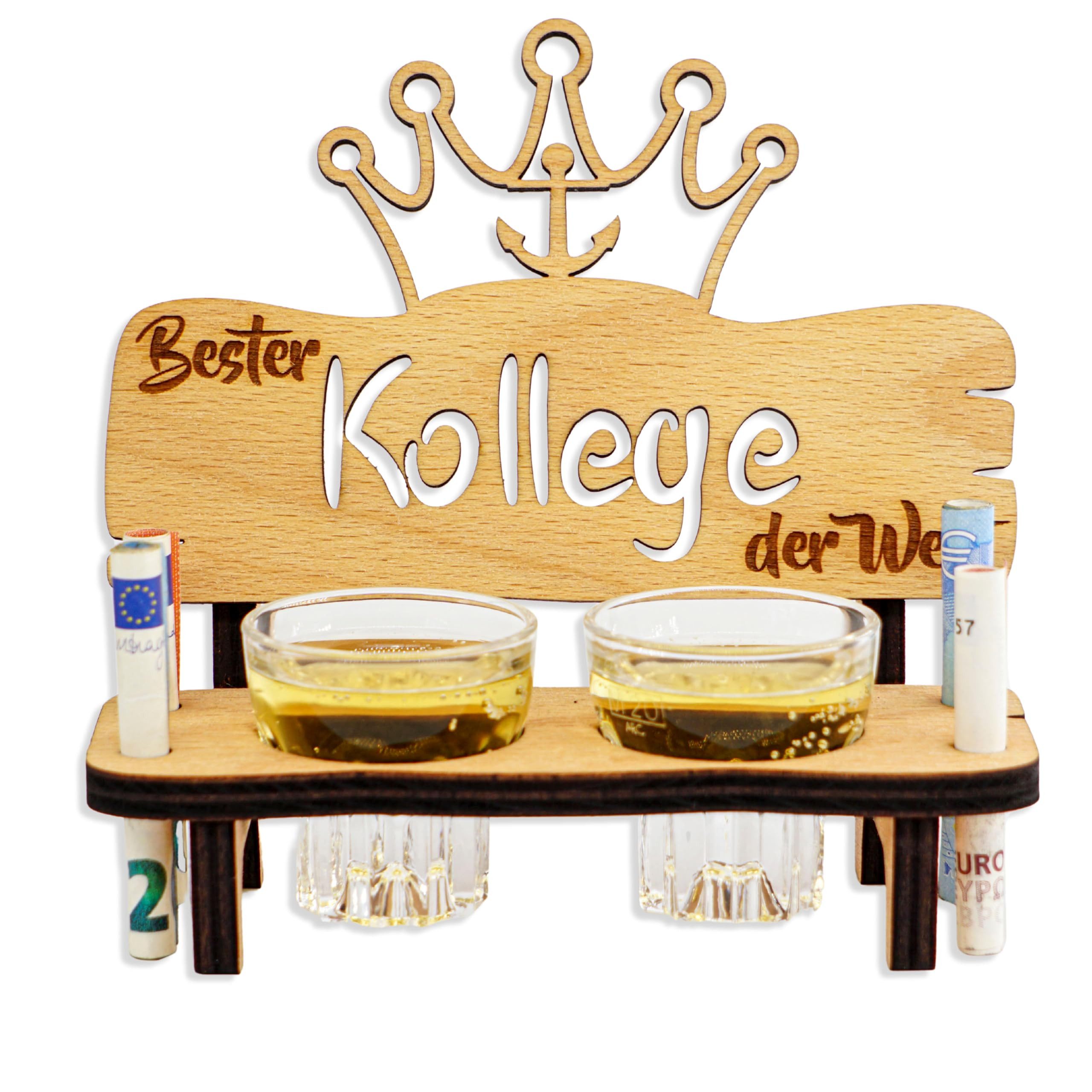 DARO Design Dekoobjekt Schnapsbank mit 2 Gläsern Geschenk Familie Freunde Nachbarn (Geschenkset, Kollege – 2 Gläser), B 16,5 × T 10 × H 15,5 cm, 8 mm Buchensperrholz, geölt