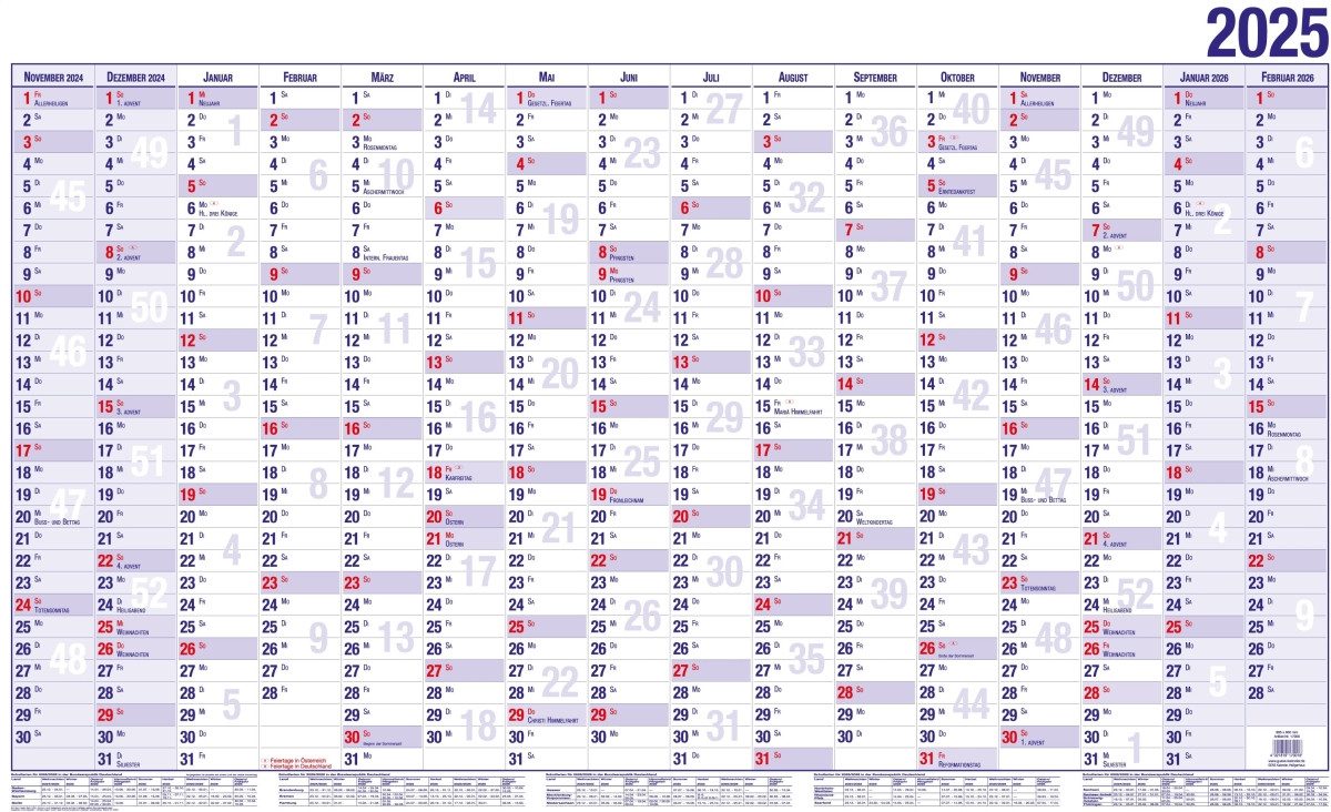 GÜSS Kalender Plakatkalender Wandplaner mit 16 Monaten 120x80cm Nov. 2025-Febr. 2027