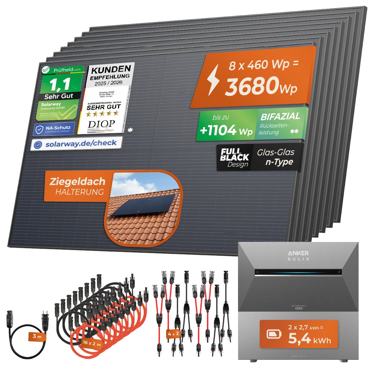 Solarway Balkonkraftwerk All In One mit Speicher 3680W komplett Steckdose - 5,4 kWh, Prismatische LiFePO₄-Zellen, (Anker SOLIX Solarbank 3 E2700 Pro), hoher Wirkungsgrad, Wasserdicht