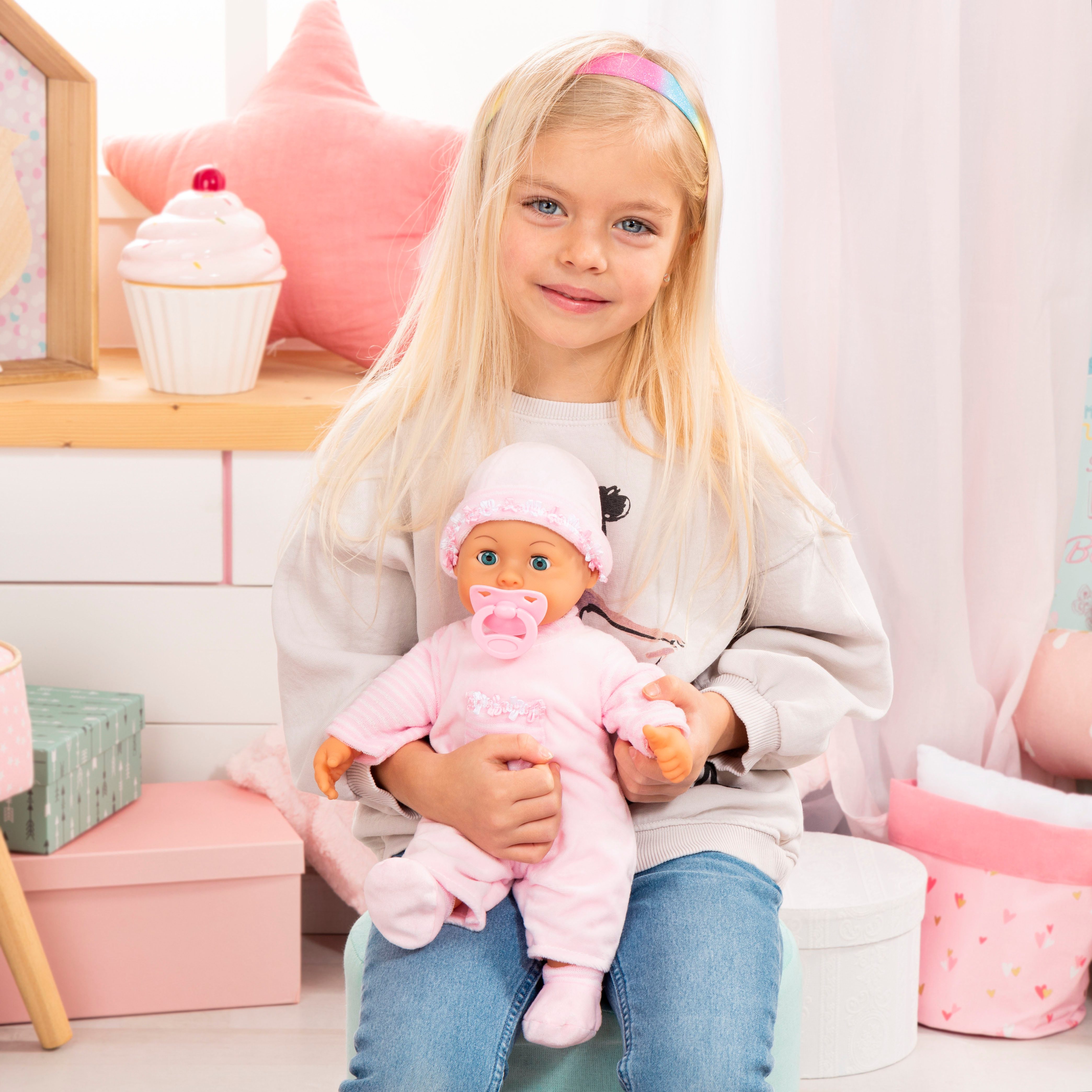 Bayer Babypuppe First Words Baby, 38 cm rosa (3-tlg), mit Schlafaugen und Babygeräuschen – Bild 4 von 5