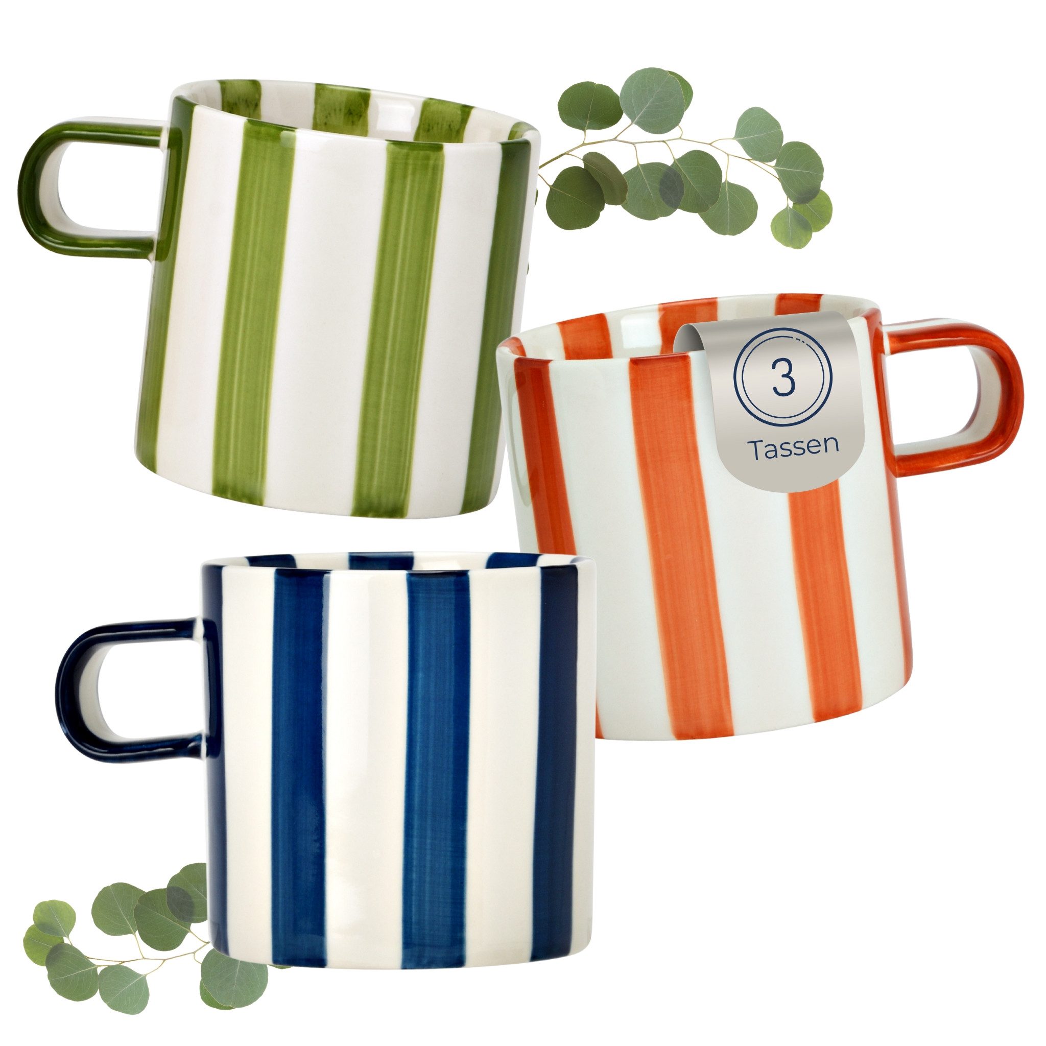 matches21 HOME & HOBBY Tasse Porzellan Tassen 3er Set, Dopamin Teetassen mit Streifen 240ml, 3-tlg., Porzellan, Kaffeebecher für Tee & Cappuccino