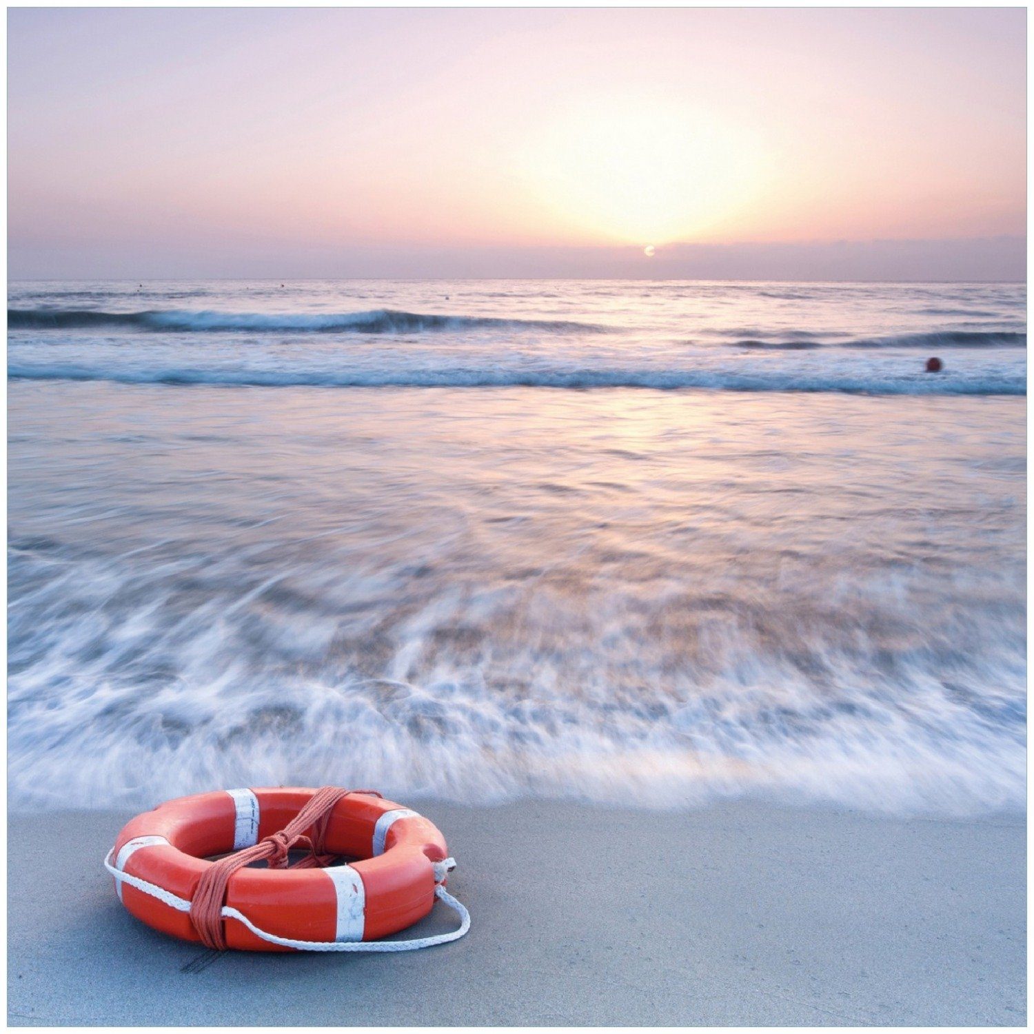 Wallario Memoboard Rettungsring am Strand bei Sonnenuntergang