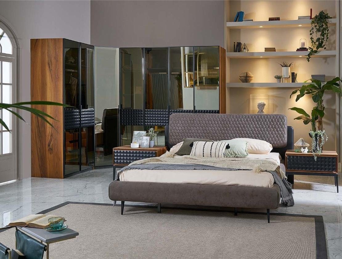 JVmoebel Schlafzimmer-Set Luxus Schlafzimmer Doppelbett Braun Holz Bettrahmen Set 4tlg Design, (4-St., Bett/2x Nachttische/Eckschrank), Made in Europa