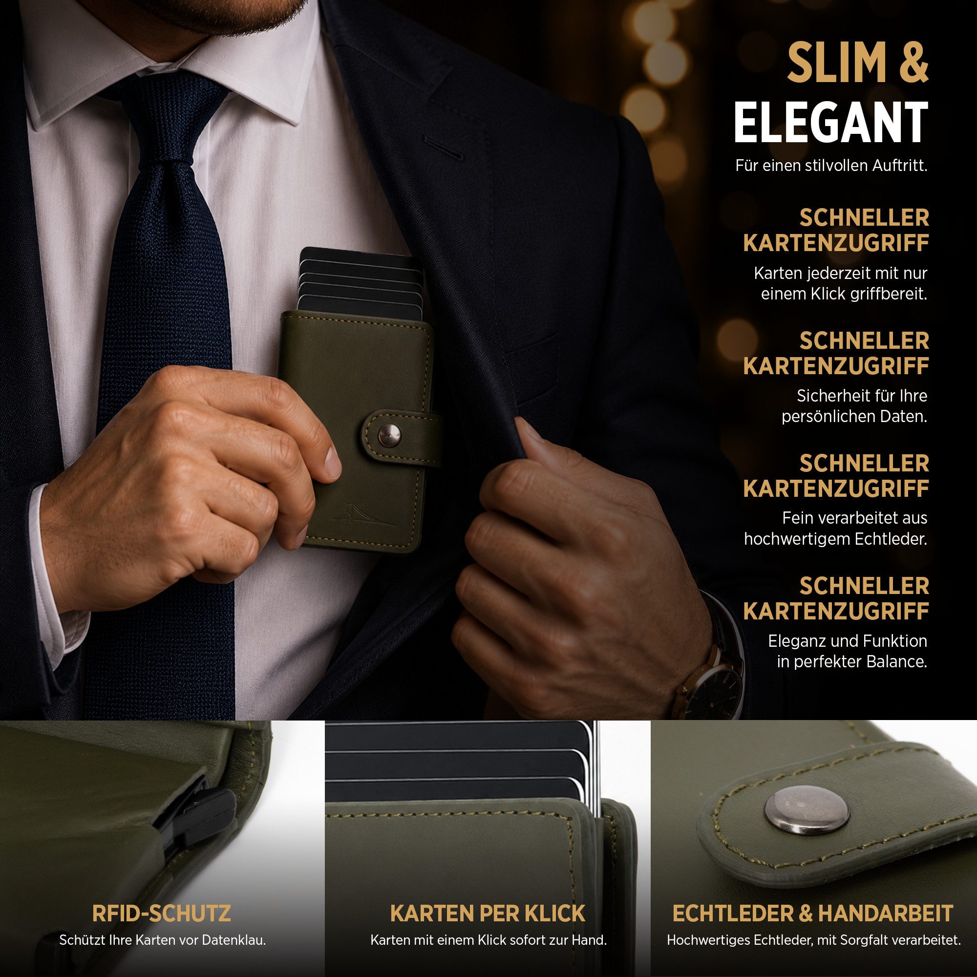 herémood Geldbörse Portemonnaie Damen & Herren, Leder Geldbörse Wallet mit RFID Schutz (Echtleder Herren Geldbörse, Geburtstagsgeschenk für Männer,Slim Wallet, 1-tlg., Card Holder Grün Echtleder Brieftasche Smart Wallet Geldbeutel), Diebstahlschutz, Rindleder, Druckknopfverschluss, Minimalist