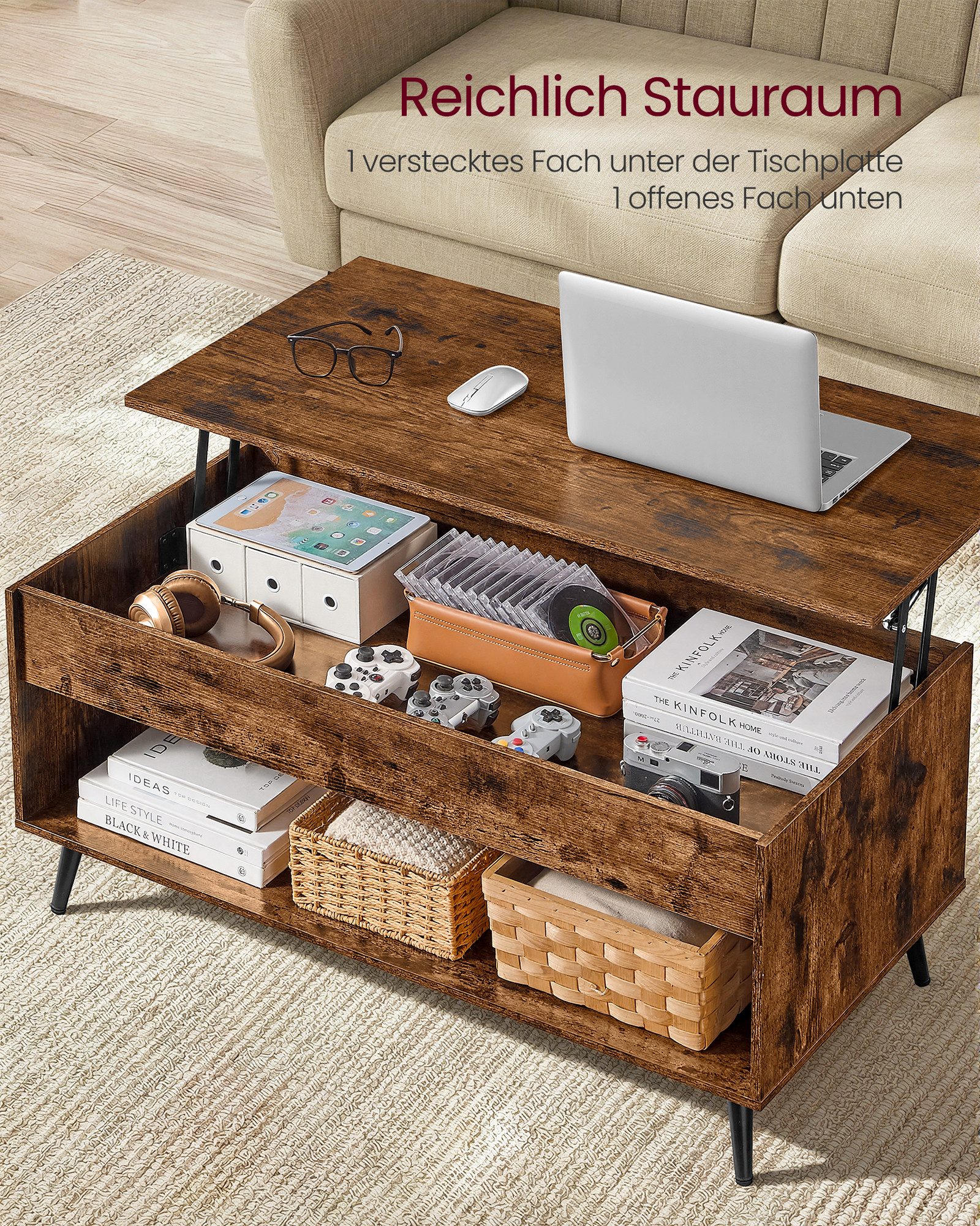 VASAGLE Couchtisch höhenverstellbarer Wohnzimmertisch, für Wohnzimmer, Homeoffice (inkl. Zubehörpaket & Anleitung, aufklappbar), Kaffeetisch, Gaszylinder, verst – Bild 5 von 5