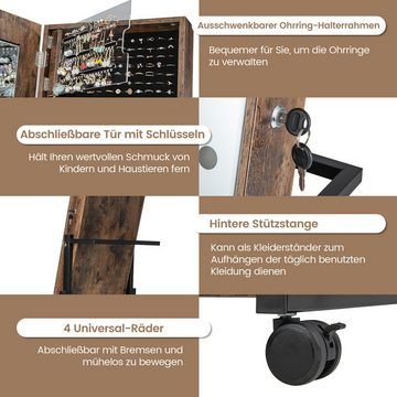 COSTWAY Schmuckschrank Standspiegel, mit LED & Rollen, höhenverstellbar, Holz