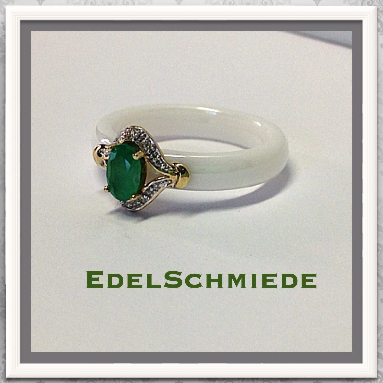 Edelschmiede925 Schmuckset Keramikring mit 585/- Gold und Smaragd + Brillant #56