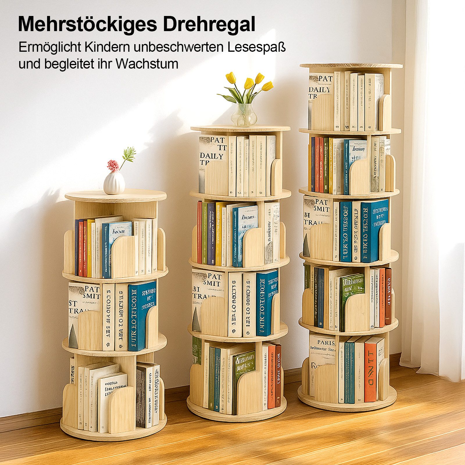 Youyijia Bücherregal 3/4/5-stöckig, Drehregal aus Kiefernholz Naturholzfarbe – Bild 4 von 5