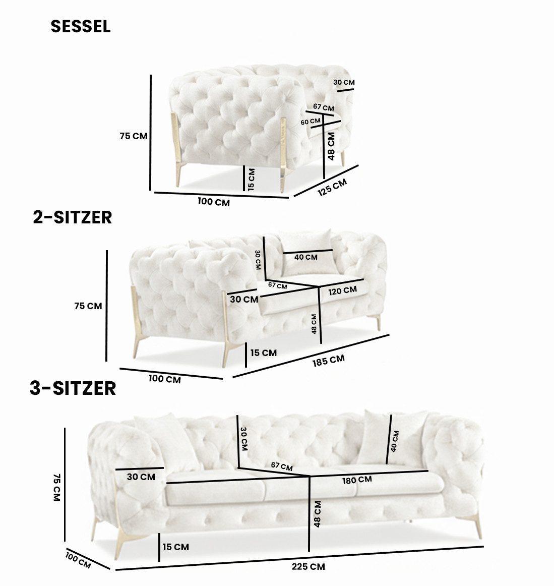 Palms-Store Sofa Monaco, zeitlose Eleganz mit edler Knopfheftung in luxuriösem Samt, Spar-Set, 3-Sitzer + 2-Sitzer + Sessel / 7 Farbvarianten verfügbar